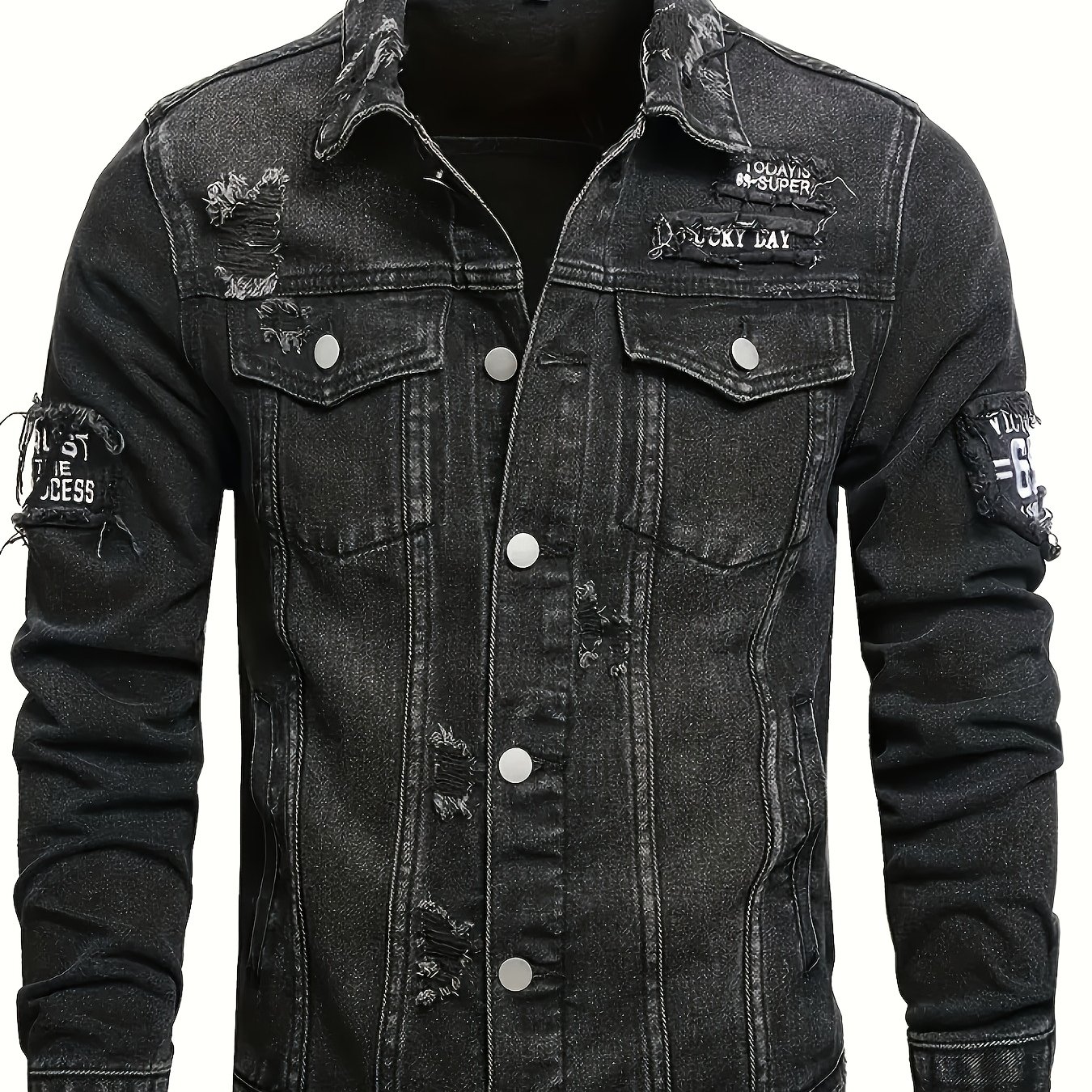 TEMU [hme] 's Denim Jacket For Autumn, And Gray Washable Perforated Style, Distressed Patch Design, Fitted Flight Jacket, Non-elastic Fabric That