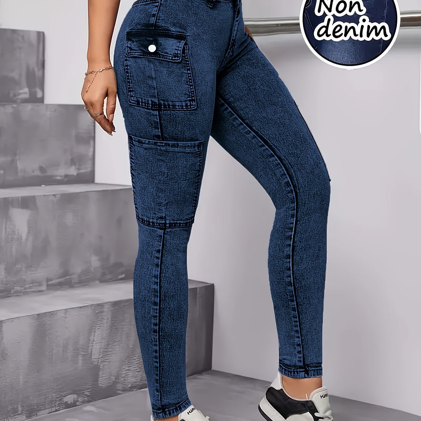 TEMU 【imitação denim】Leggings estampadas estilo denim para mulheres [Não de denim, calças casuais]
