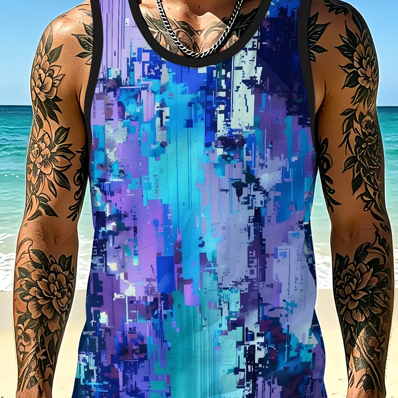 TEMU Men's Mesh Tank Top -purple Vertical Abstract Print Summer Breathable Quick Dry Sleeveless Vest Beach Gym Casual Top