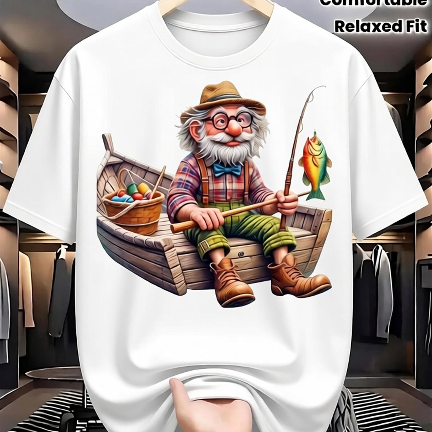 Image of 1pc Men's Retro Fishing Graphic T-shirt - Made Of 100%, Featuring An Oversized Relaxed Fit And Soft Breathable Material With A Vintage Fish And For Angler Design. Perfect For Casual Outdoor Wear And