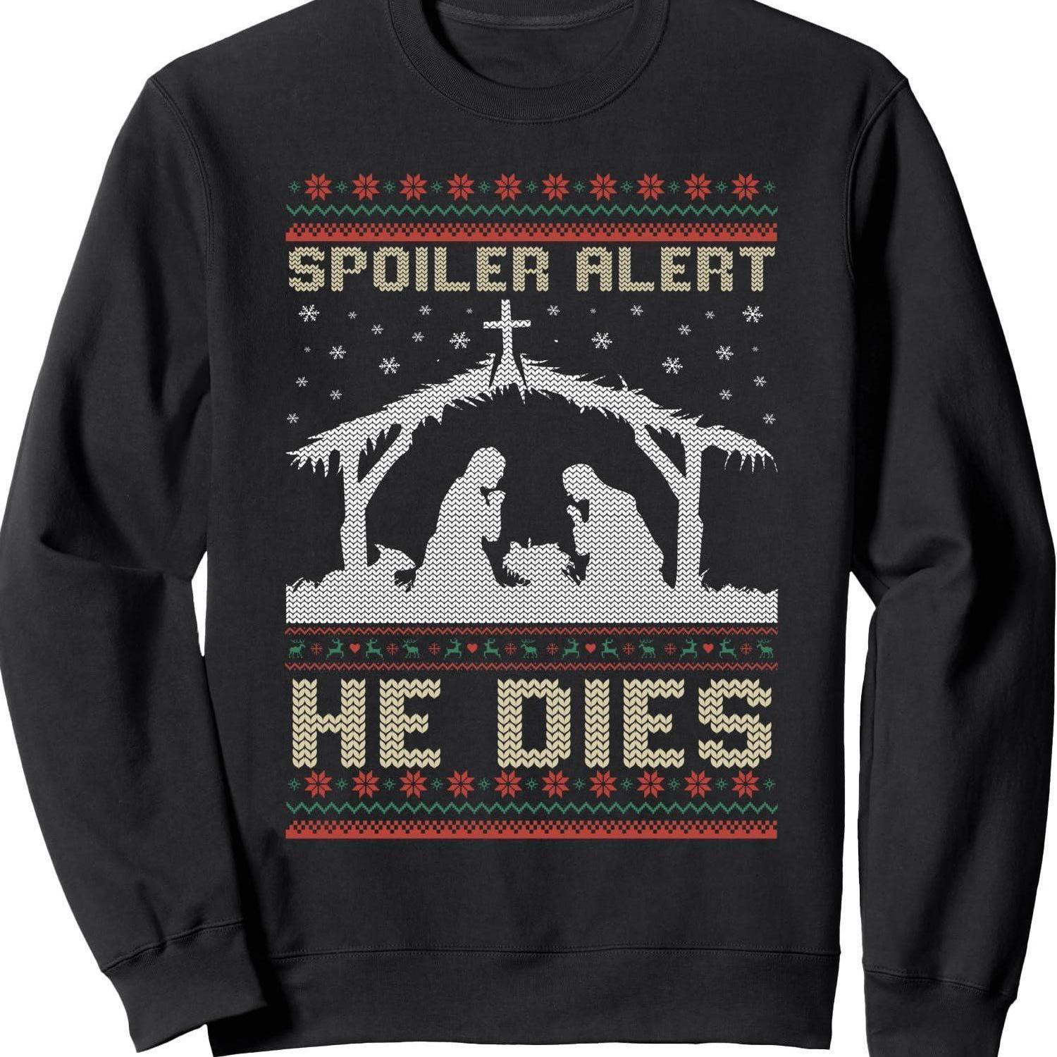 TEMU : He's Dead Nativity Scene Ugly Christmas Sweatshirt Elf Black Long Sleeve Casual T-shirt Crewneck Sweatshirt Ideal Gift Winter Clothes For Men