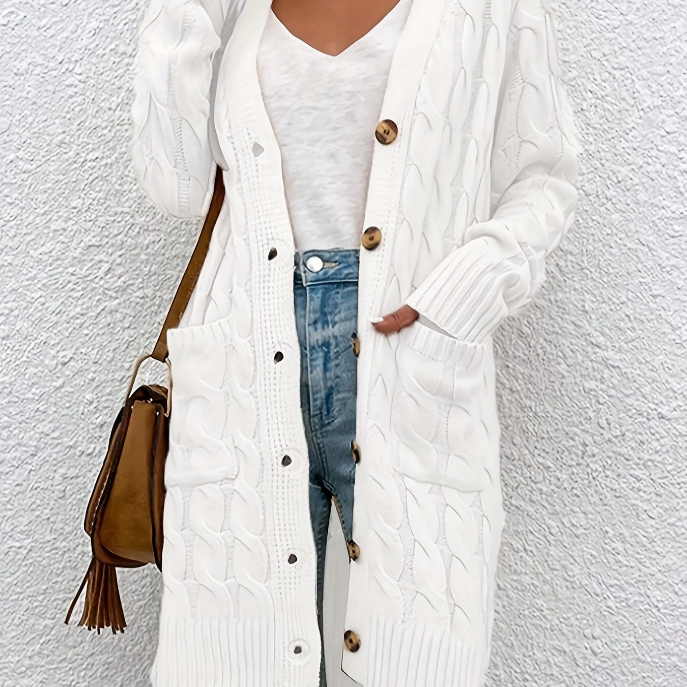 Women's Casual V-neck Cardigan With Button - Solid Color Acrylic Knitted Sweater (42% Acrylic, 30% Polyester, 28% Polyamide) - Knitwear