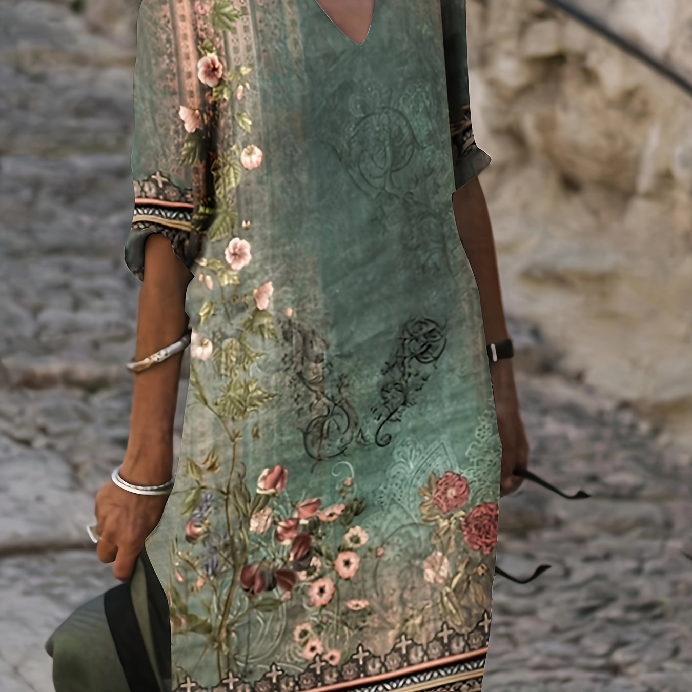 E-shop Damen Lockeres Lässiges 3/4 Ärmel V-Ausschnitt Festlicher Vintage Stil Kleid Frühlings Sommer Kleid Damenbekleidung Hot Item