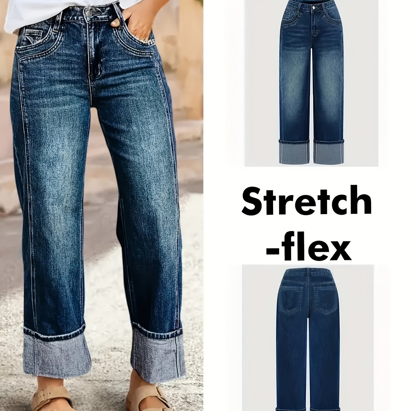 Image of 25aw Women's High-waist Straight Jeans - Stretch Denim, Casual Elegant Style, Button Closure, Zipper Fly, , High-waist Design, Long Length, Wide-leg Trousers