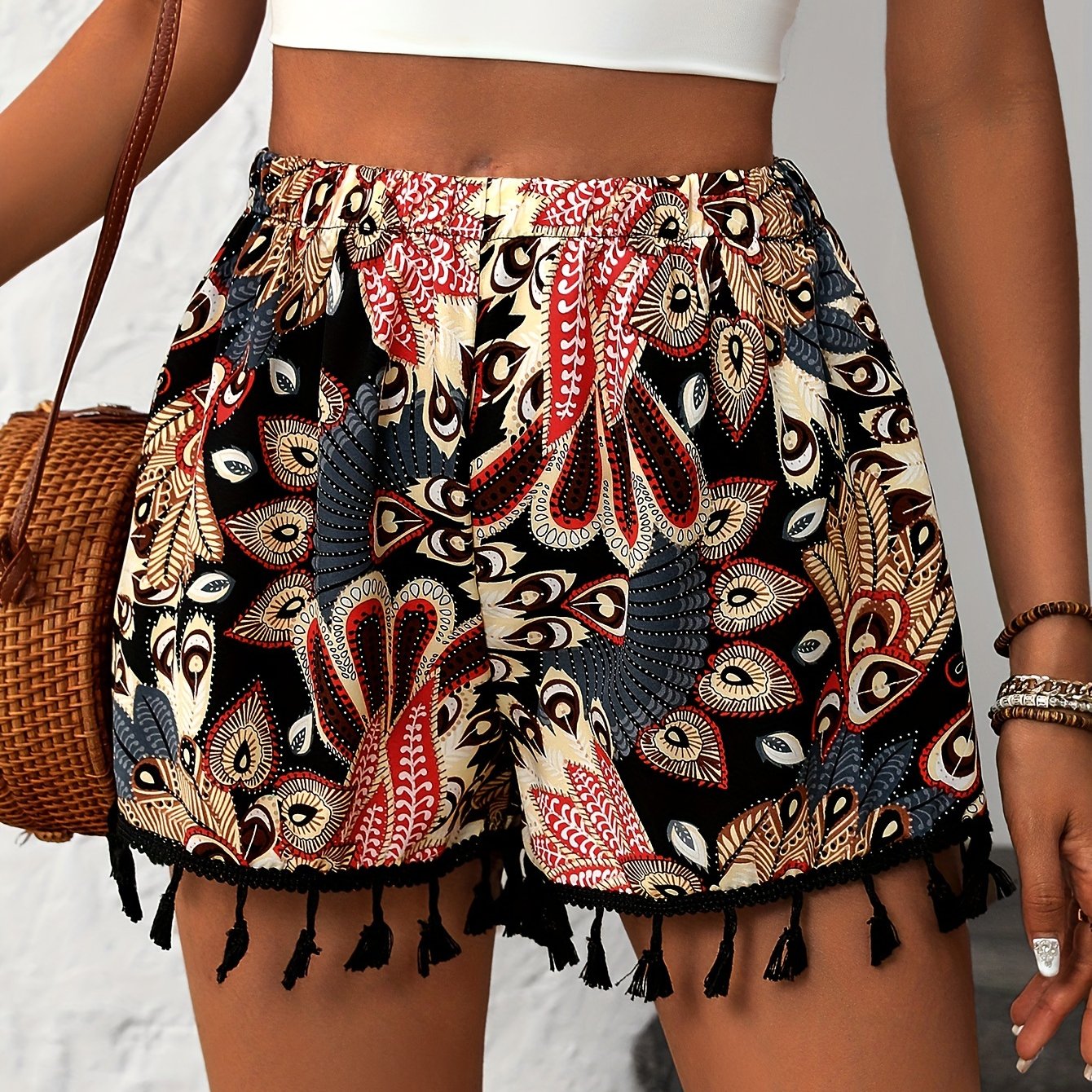 Women's Elegant Paisley Print Tassel Shorts - High-waisted, A-line, Machine Washable, Black/brown/beige , Casual Or Chic Outfits, Chic Outfit Shorts | Elegant | Glossy Shorts, High-waisted Shorts