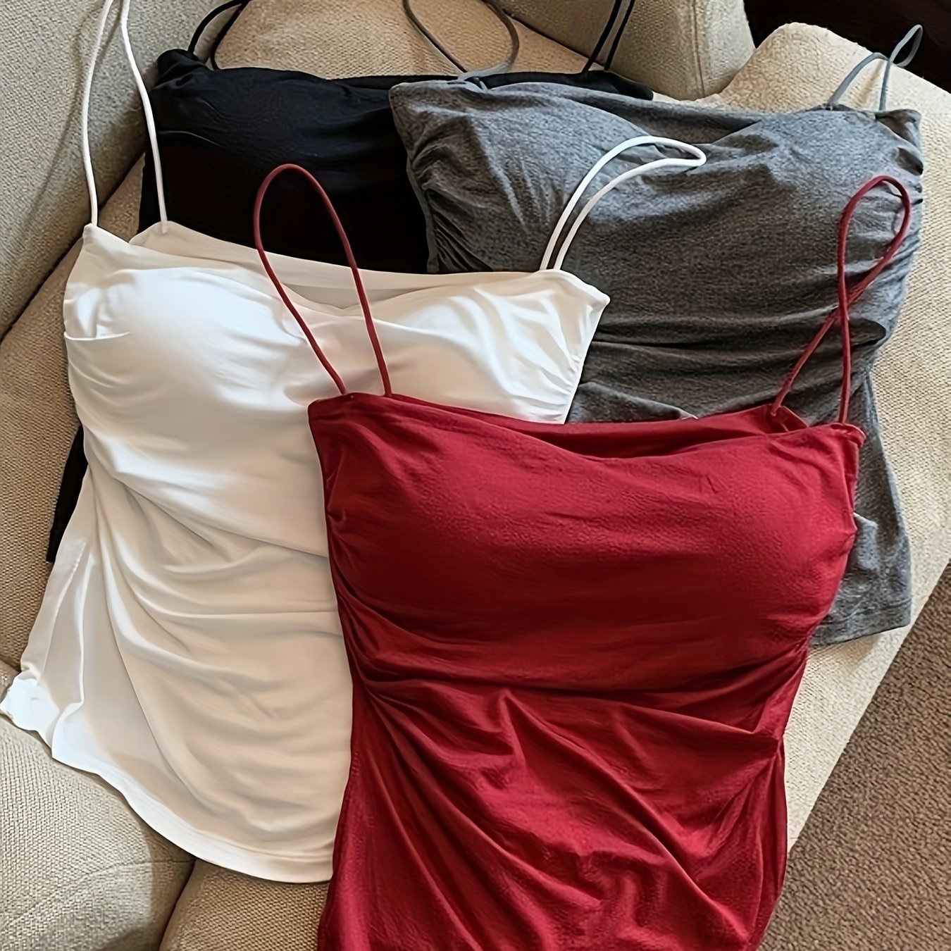 4pcs Set Spicy Ruched Cami Tank Top Women Pure Desire Thin Strap Summer Backless Inner Layer With Chest Pad Bandeau Women's Base Layer