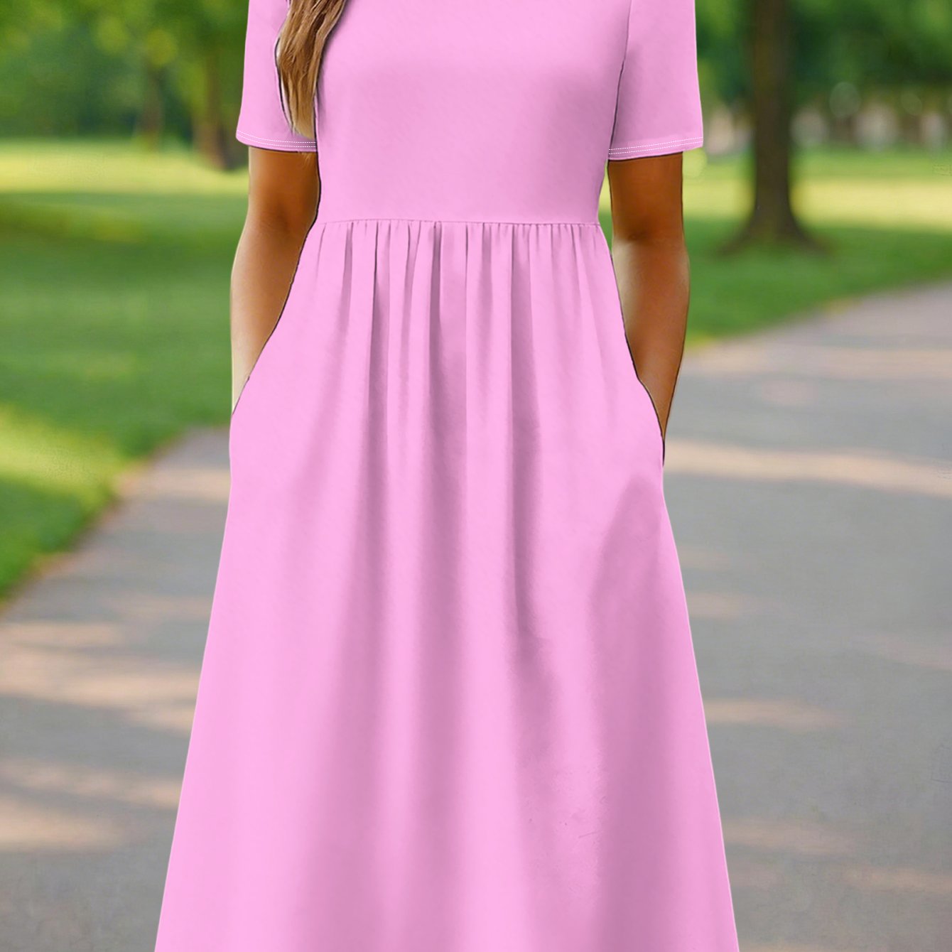 Image of [ Essentials] /summer Women' Pink Midi Dress, Short Sleeve Round Neck Pleated Waist Dress With Pockets For , Women's Summer Dresses, Elegant And Sophisticated Women's Dresses, Skirts