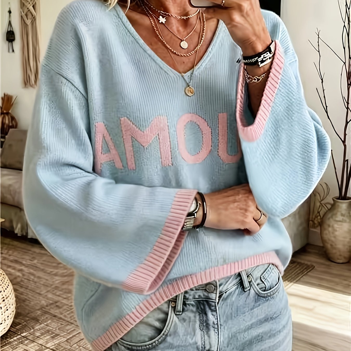 TEMU Pull Femme à Col en V avec Lettre V Colorée - Pull Extensible pour Printemps, Automne, Hiver | Non Compatible avec les Blazers de Marque | Pièce
