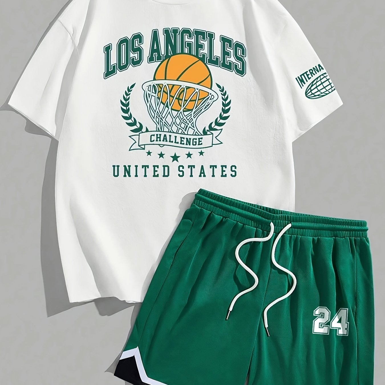 Image of 2pcs Men's Summer Basketball Training Running Set, Short Sleeve T-shirt And 24-inch Shorts Outfit