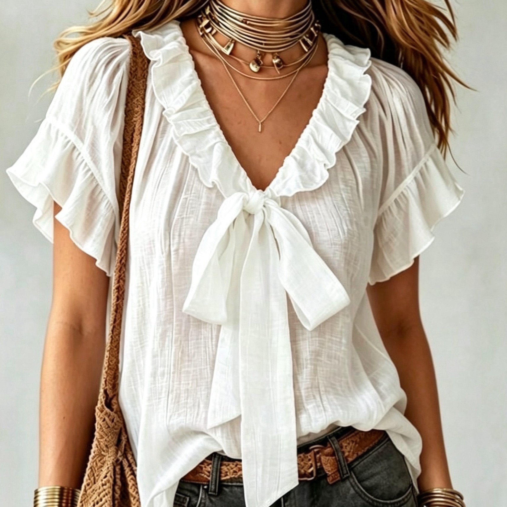 TEMU Women's Elegant V-neck Bow Short Sleeve Shirt