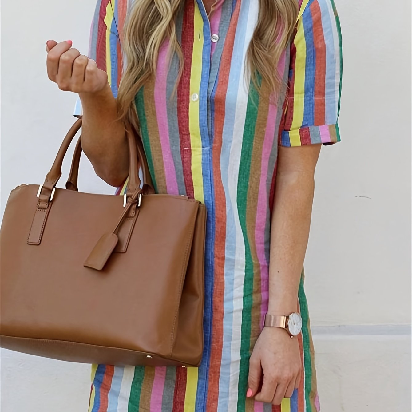 TEMU Tops Women's Colorful Striped Short Sleeve Casual Fashion Dress Shirt