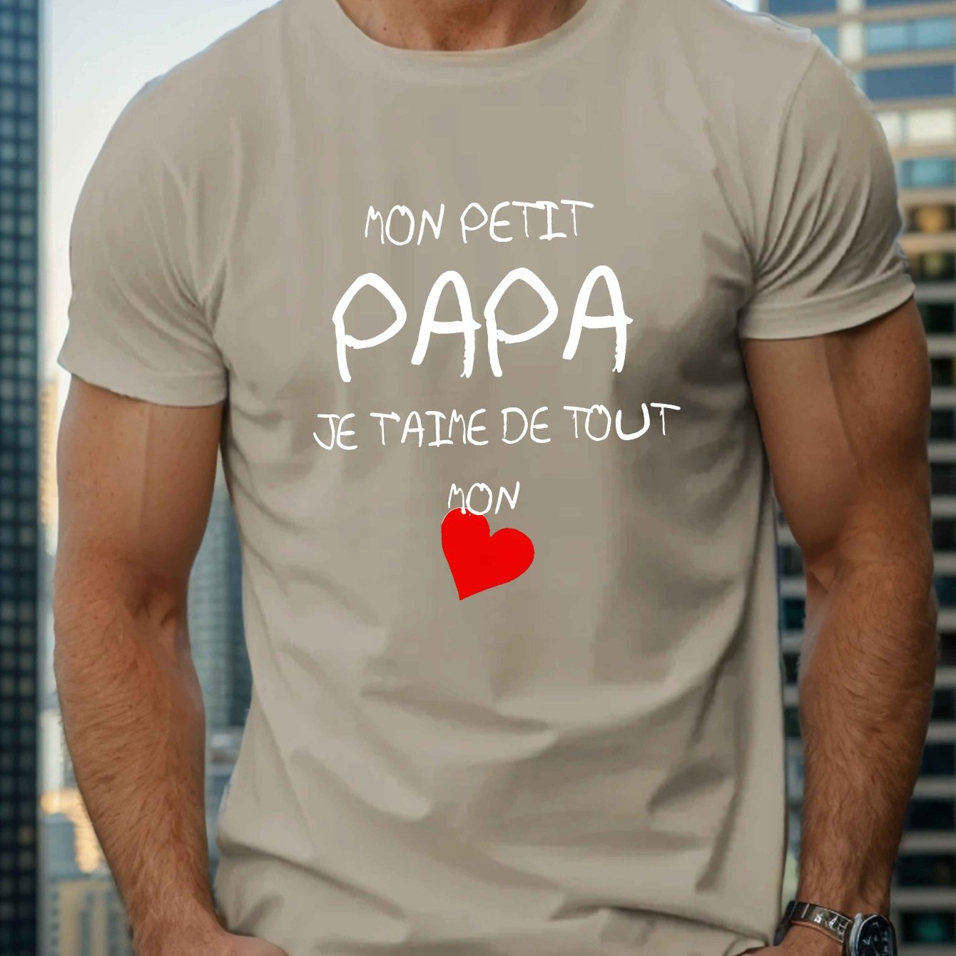 TEMU T-shirt décontracté pour homme avec écriture "Love You Dad" en français, haut d'été à manches courtes et col rond, tissu tricoté 100% polyester,