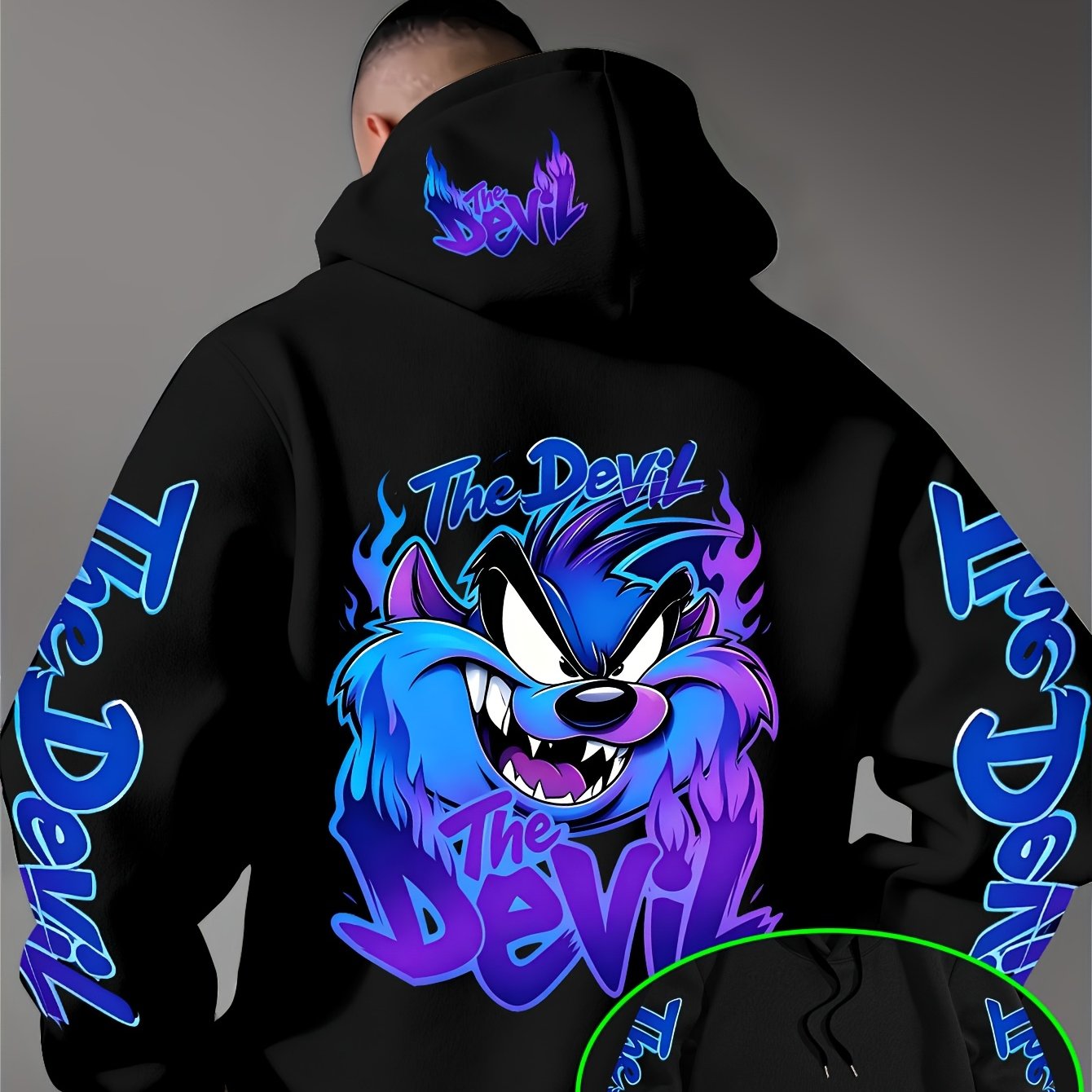 TEMU Hooded "le Yitong Taz" Pattern Print - Fall Warm Sweatshirt, Sleeve Print Design, Loose Pullover Top, Suitable For Outdoor Travel, , Holiday