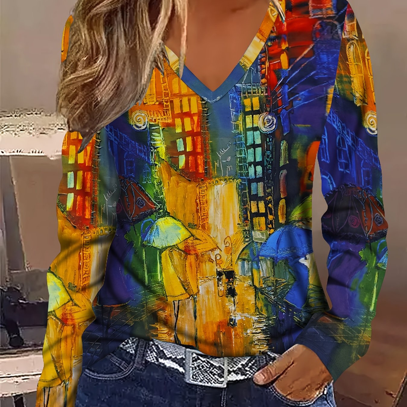 Image of Elegant Holiday Abstract Painting Color Block Stitching V-neck Long-sleeved T-shirt Casual Shirt Autumn And Winter New Women's Long-sleeved Top