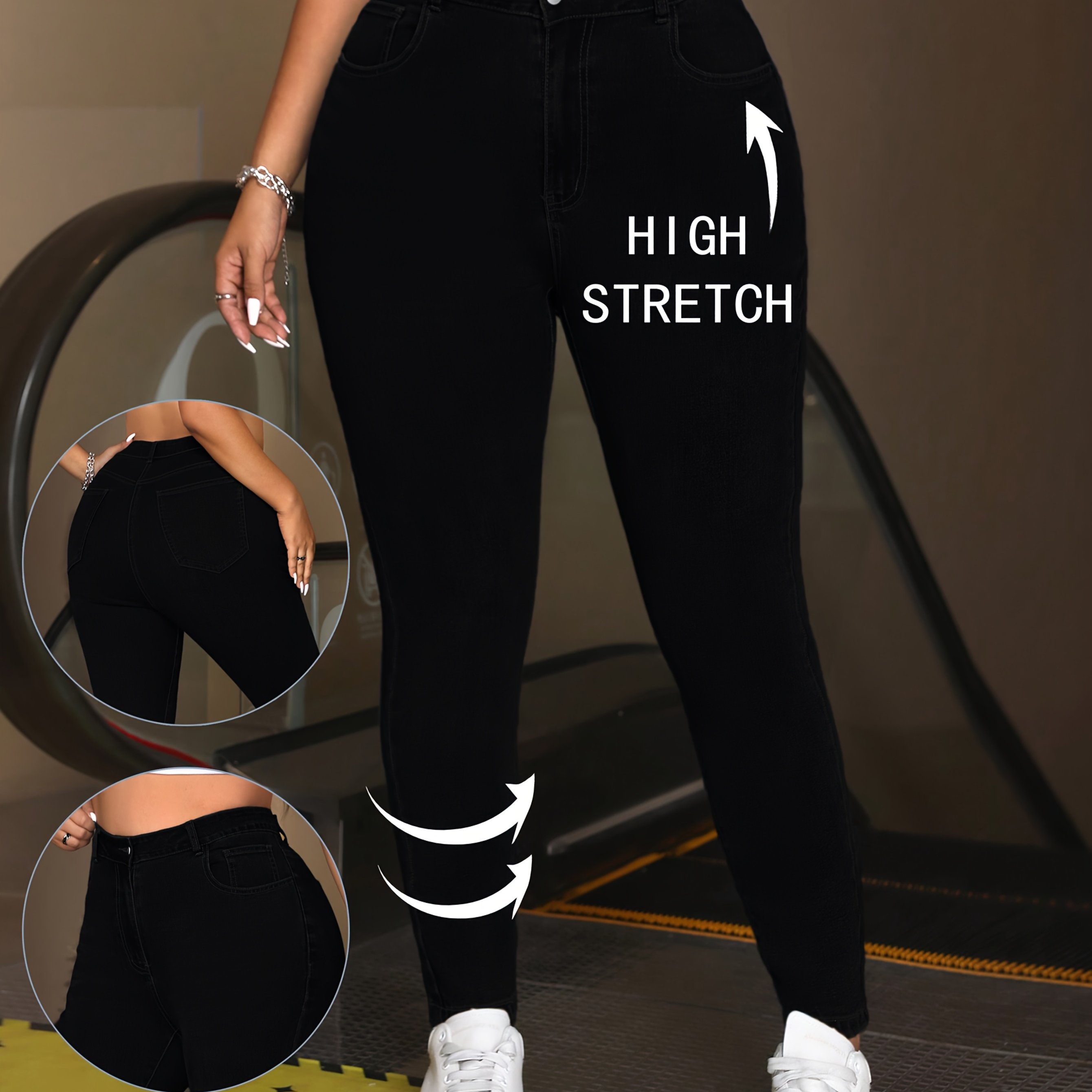 Image of -size High Waisted -denim Leggings. Ultra-stretchy, Slim-fit Pencil Pants. Solid-color Tapered -denim Trousers, Machine Washable And Fade-resistant. Wear. Women's Long Pants & Apparel