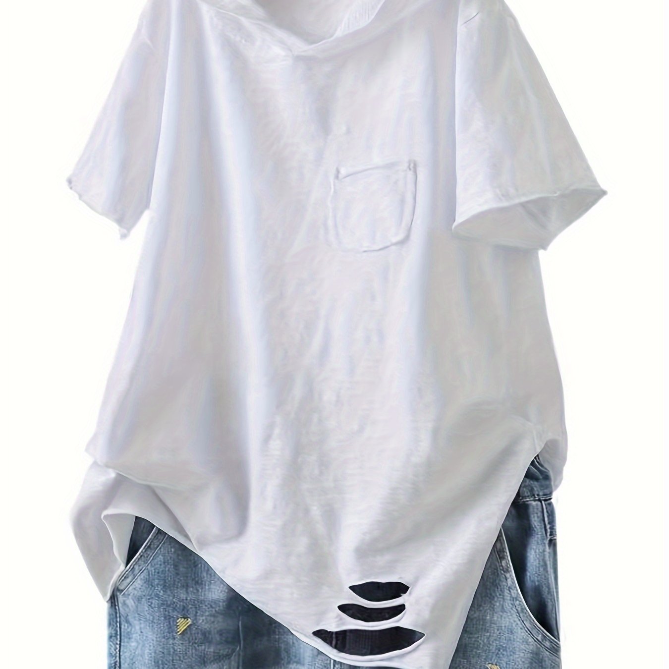 E-shop Kapuzen-T-Shirt Damen Sommer Neues lockeres Kurzarm Künstlerisches Ripped Casual Top