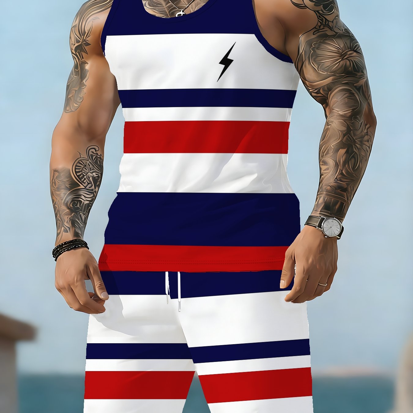 TEMU 2pcs Men's Summer Sportswear Set, Sleeveless Crew Neck Tank Top And Drawstring Shorts With Pockets