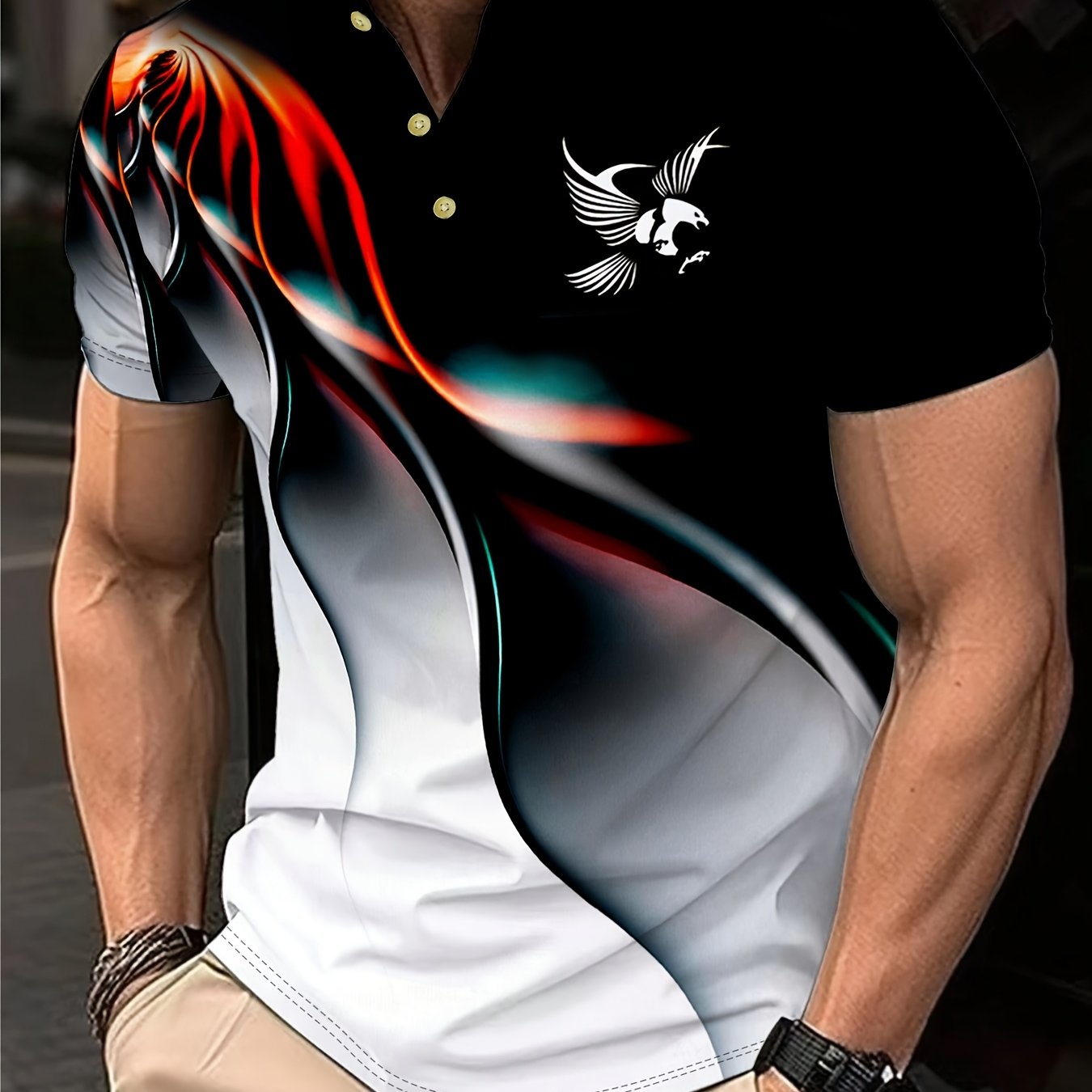 TEMU Men's Casual Short-sleeve Top With Wave And Eagle Prints