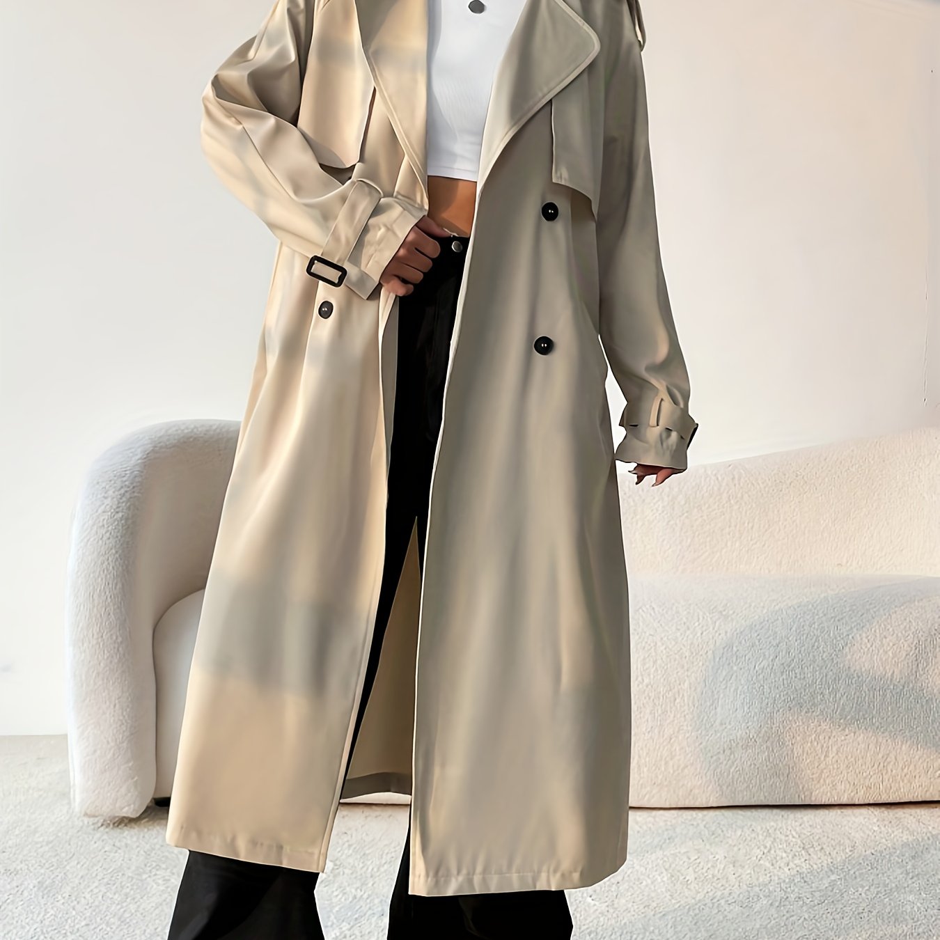 E-shop Damen Frühling/Herbst Eleganter Einfarbiger Einfacher Revers Offene Front Doppelreihiges Design Casual Pendler Vielseitiger Modischer Langer