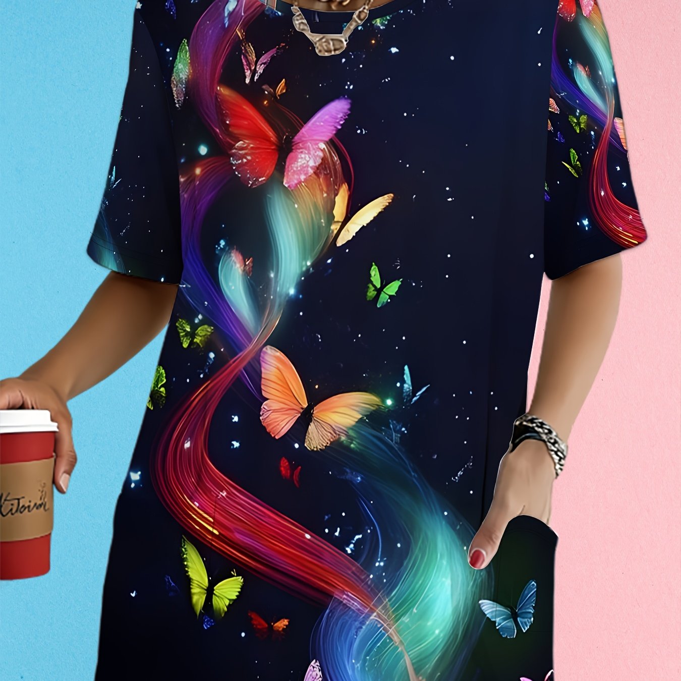 TEMU Plus Size Women's Starry Print Round Neck Short Sleeve Pocket Casual Comfortable Summer T-shirt