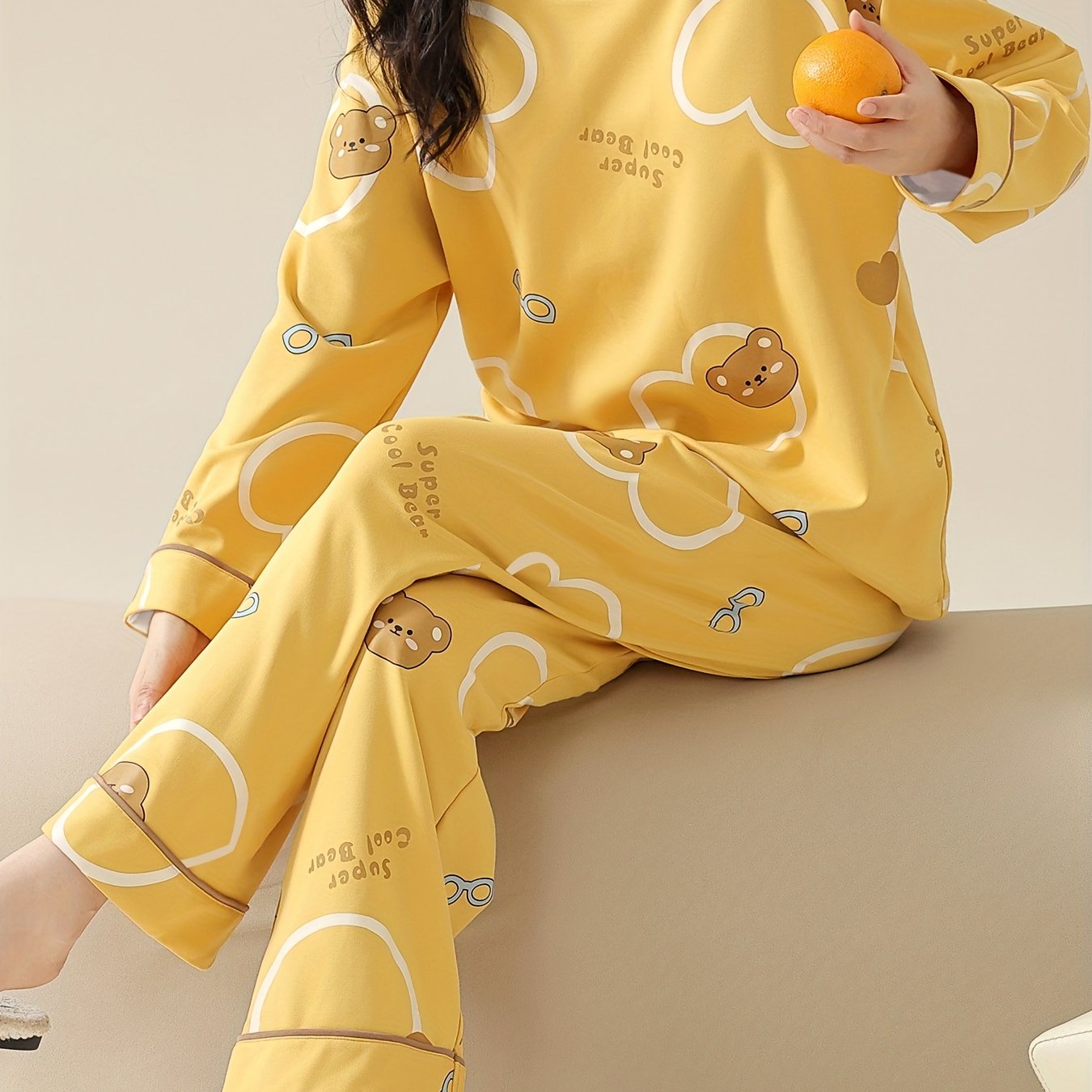 TEMU Women's Cartoon Set, Long Sleeve, Long Pants, , Round Neck, Knitted, , Adult , One- Suit