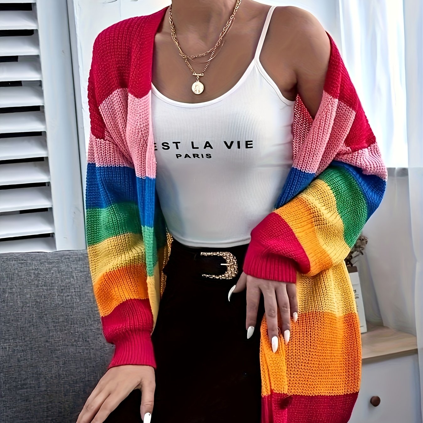 Image of European And 2026 New -block Striped Cardigan, V-neck Daily Streetwear Top Outerwear