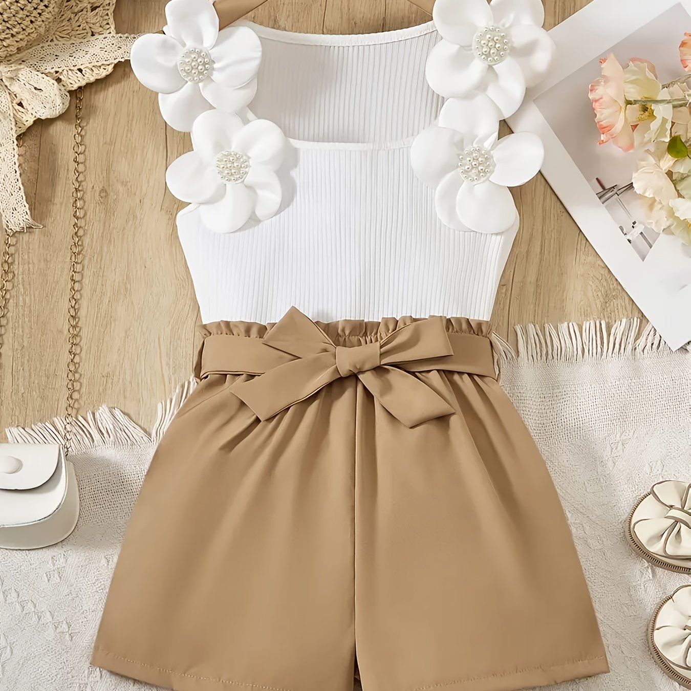 Image of Girls' Casual Outfit Featuring A Sleeveless Top With 3d Nail Bead And Shorts, Complete With A Belt, For Outdoor