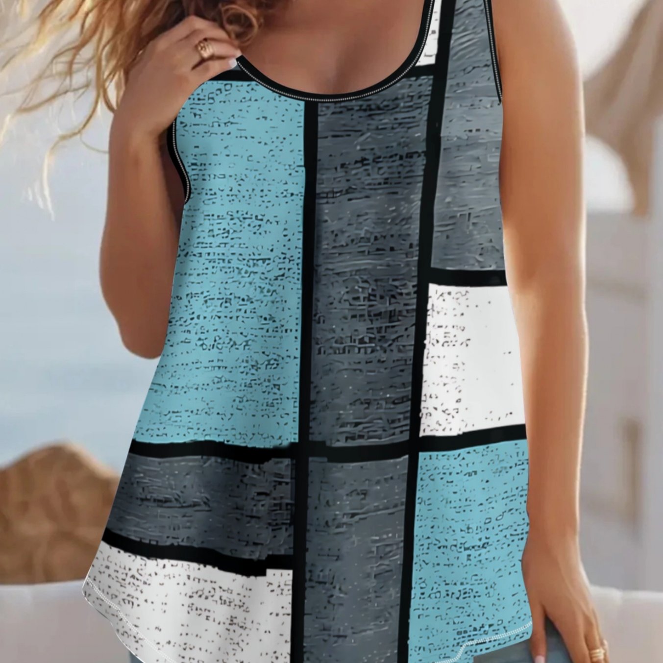 TEMU Plus Size, Plus Size Women's Casual Color Contrast Geometric Print Tank Top, Loose Sleeveless Top