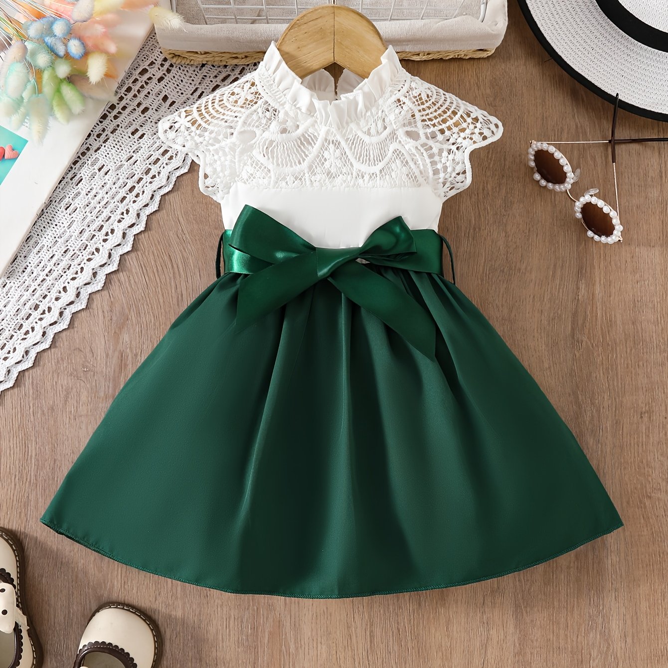 Image of 6m-2 Years Old Two-piece Baby Girl Lace Trim Top With Solid Color Woven Casual Dress Including Belt Summer, Halloween