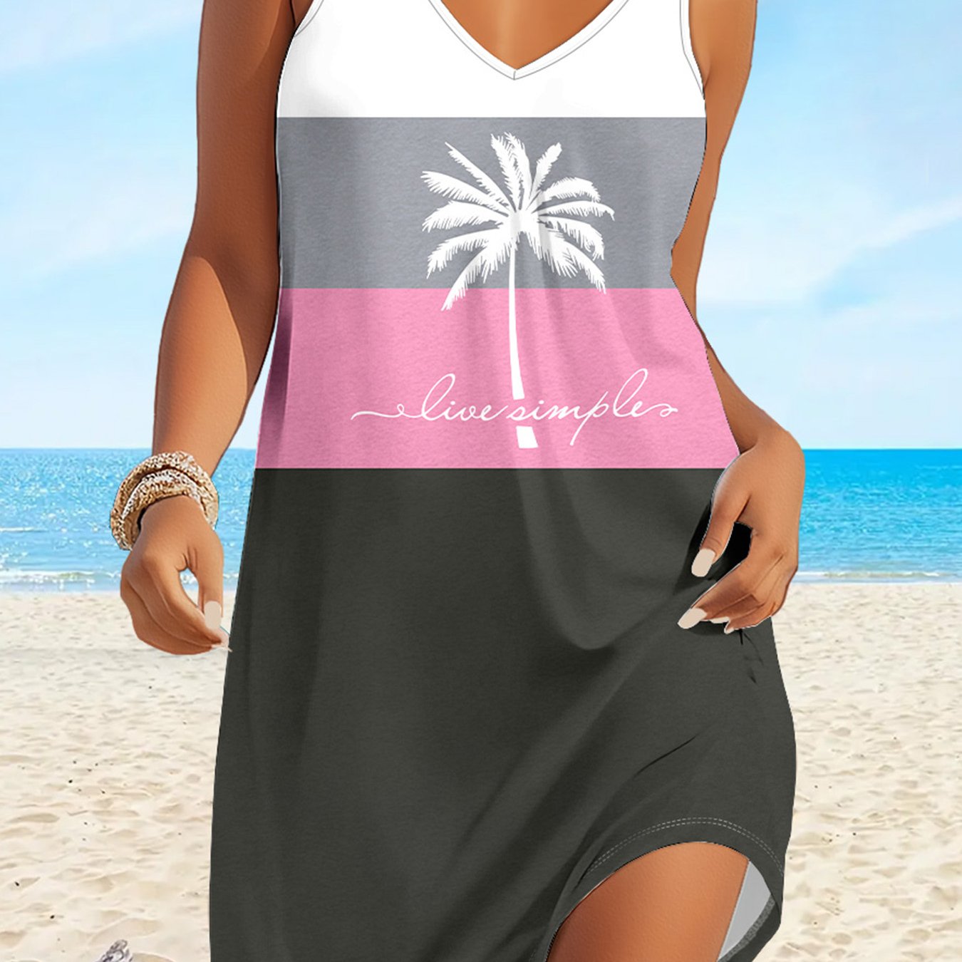 Image of Women's Sleeveless V-neck Tank Dress - Print & Color Block Stripes, Knee-length Flared Hem, Breathable Summer Casual Beach Dress, H-line Silhouette, Machine Washable, Beachwear | Color | Smooth Fabric