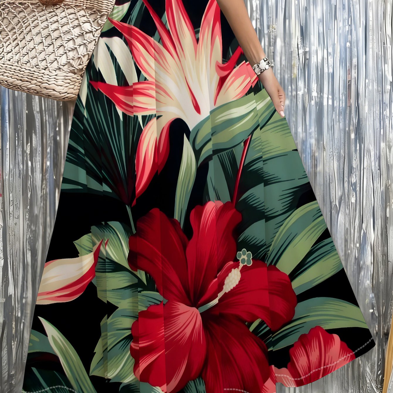 TEMU 1pc A Tropical Floral Patterned Pleated Maxi Skirt, Great For The Beach, Holidays, Outdoor, And Parties, Lightweight And Fashionable, Summer