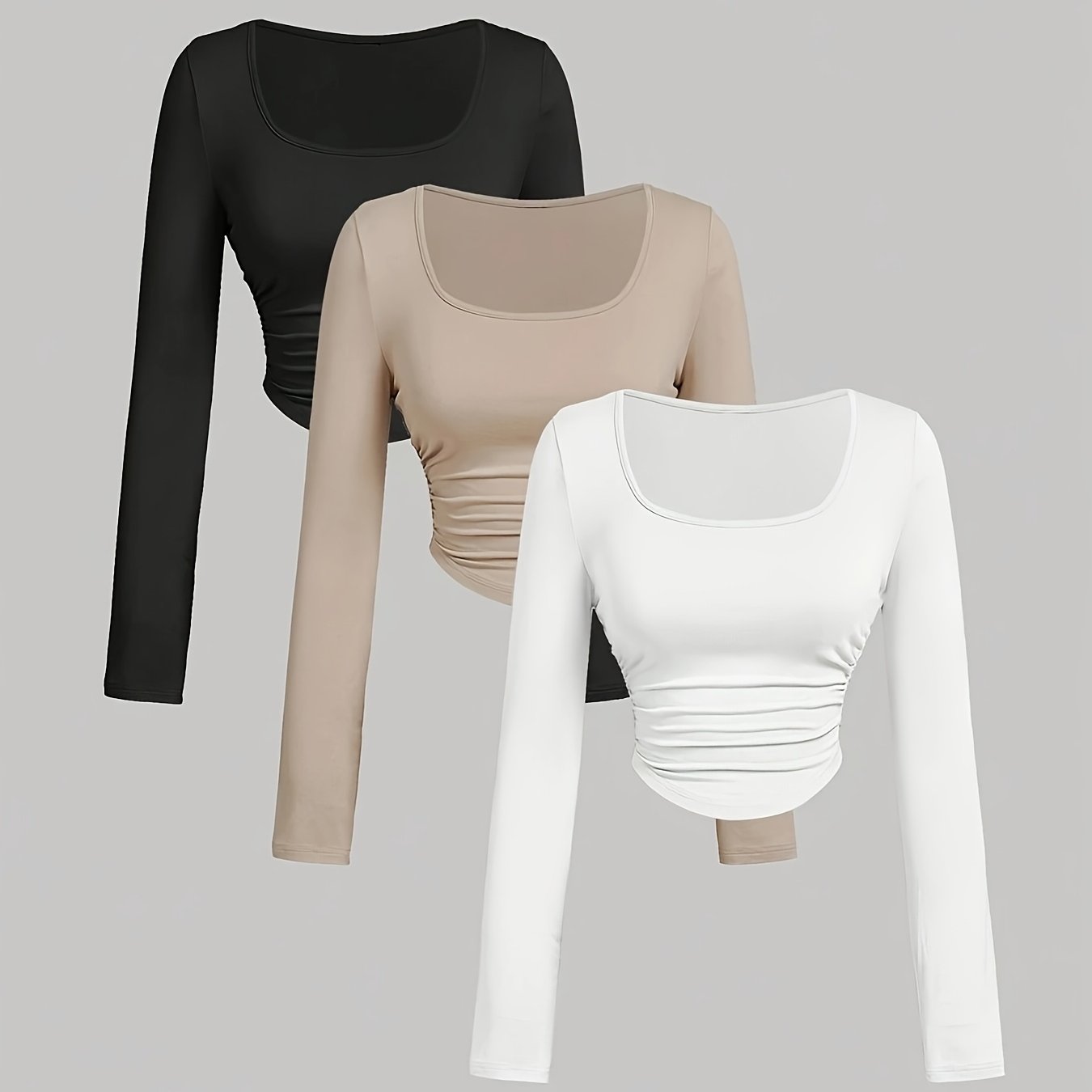 TEMU 3pcs Women's Pleated Square Neck Long Sleeve T-shirt Set, Warm Clothing For Autumn Outfits, Holiday Wear, New Year Style, White Top