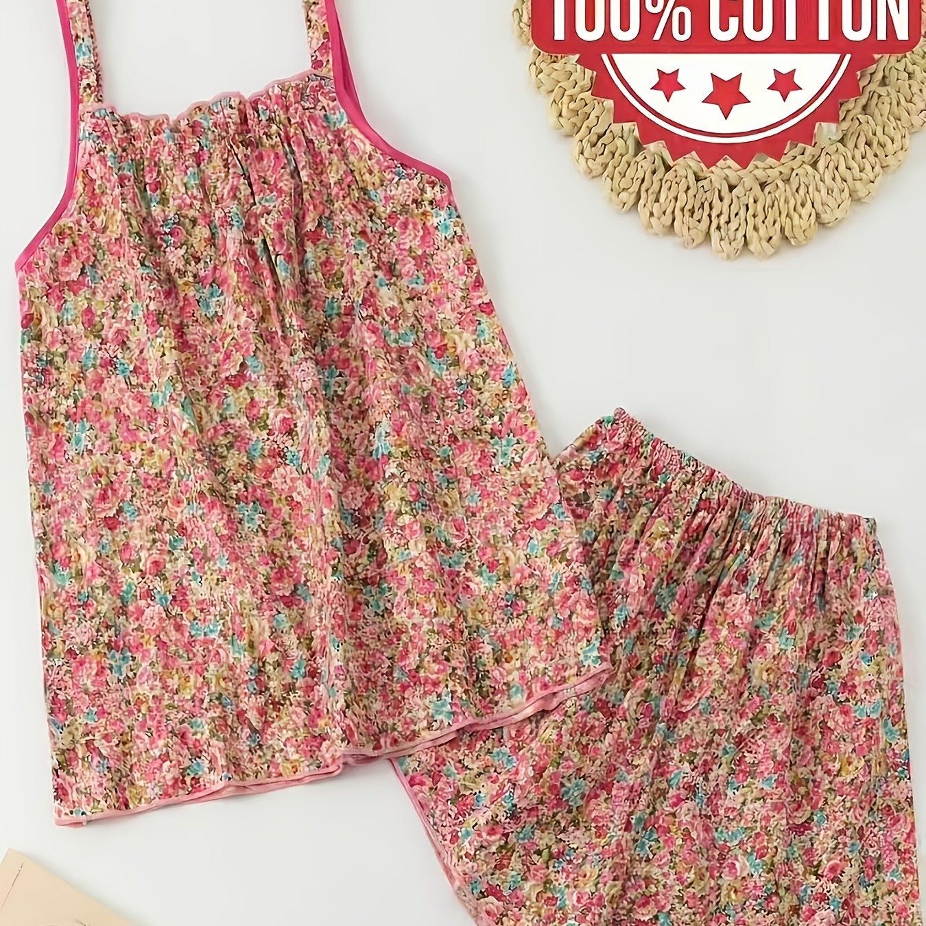 Image of Fashion Fresh Small Floral Cami And Shorts Pajama Set Women's Thin Loose Wear Two-piece Outfit