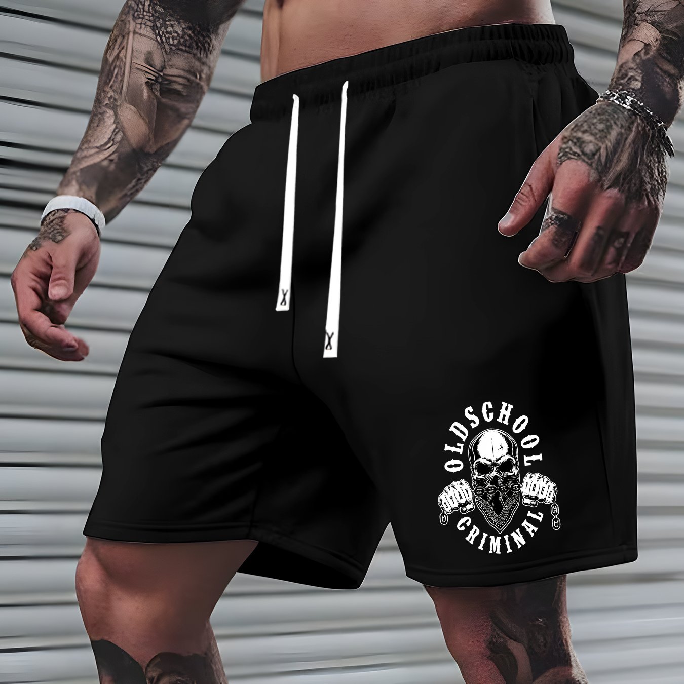 TEMU Men's Summer Stylish Athletic Shorts Featuring A Skull Pattern, Casual Elastic Drawstring Workout Shorts, Perfect For Summer Leisure And
