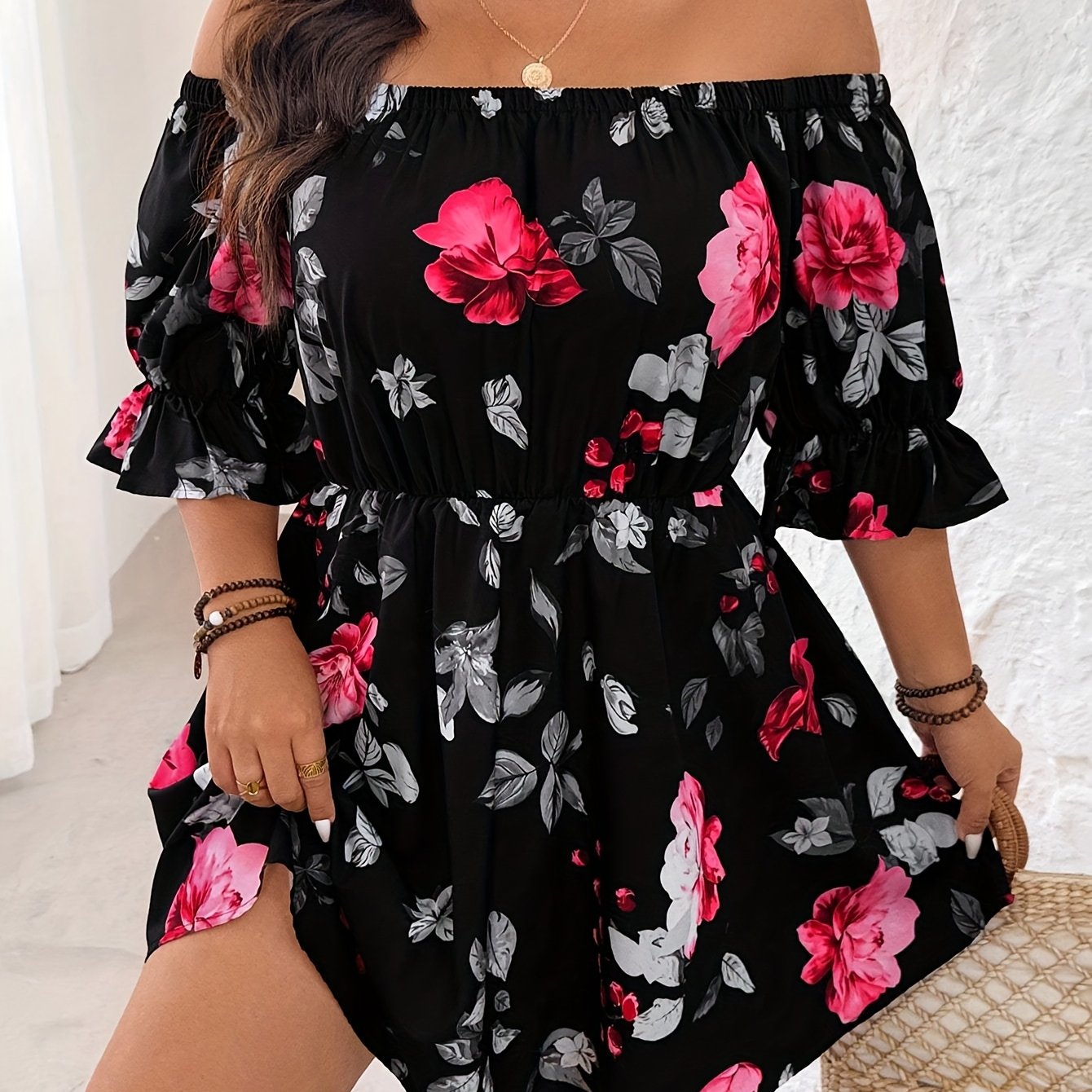 E-shop Plus Size - Plus Size - Plus Size Damen Blumenmuster Off-Shoulder Romantisches Kleid, ein elegantes und süßes Vintage Freizeit Urlaubskleid für