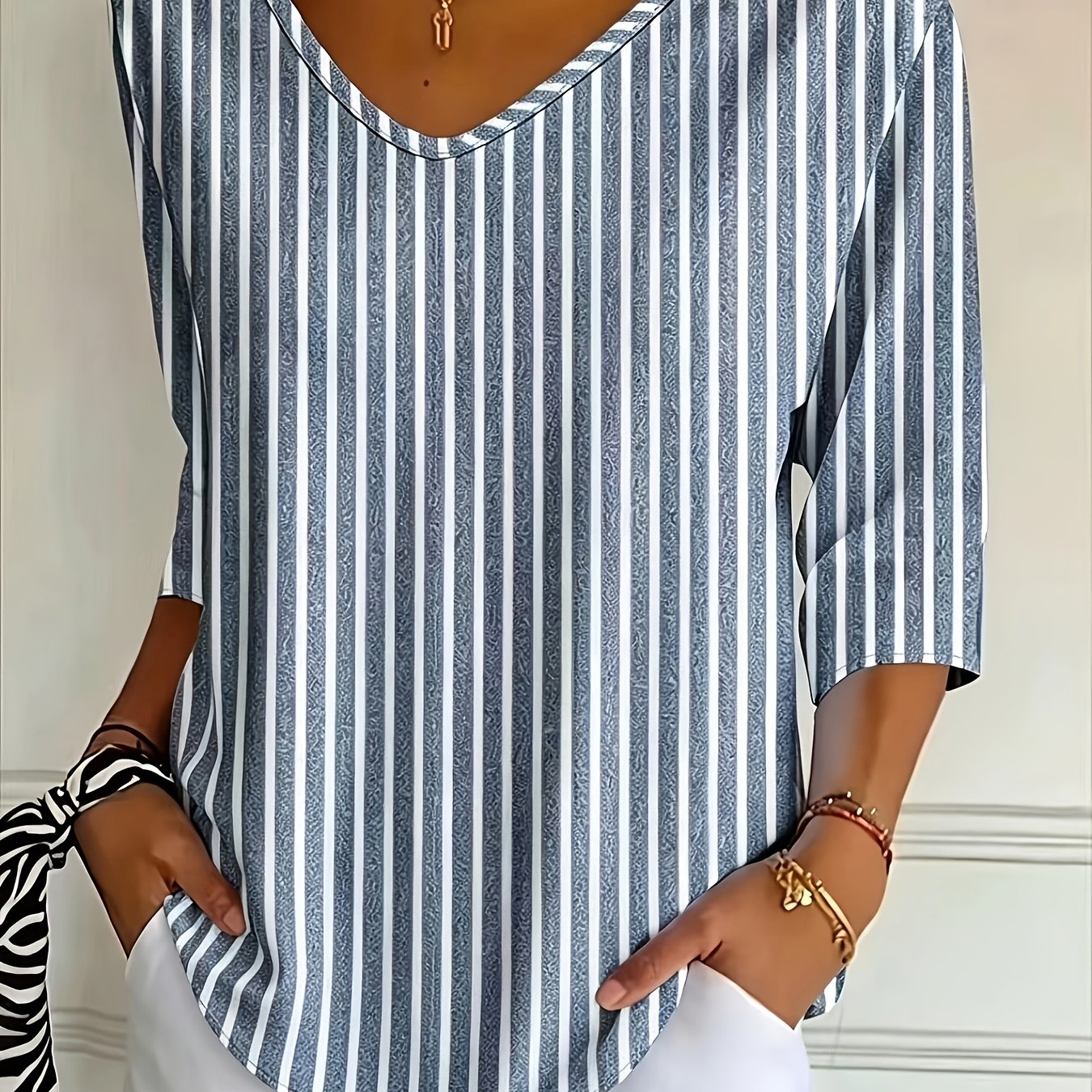TEMU Casual Fashion Women's Regular Fit Striped -quarter Sleeve V-neck Shirt