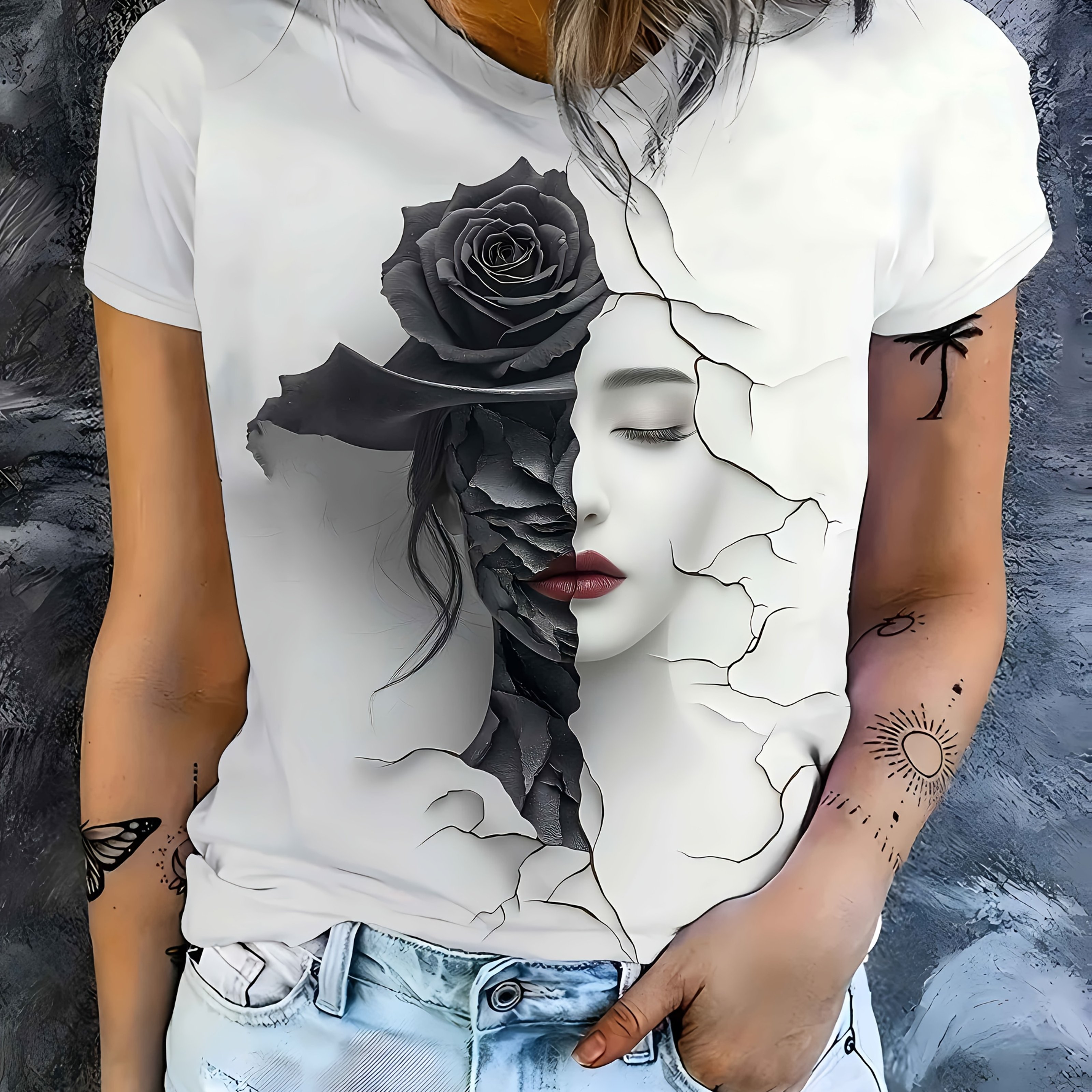 Fashion Element Gray And White Women's Top, Round Neck Short T-shirt