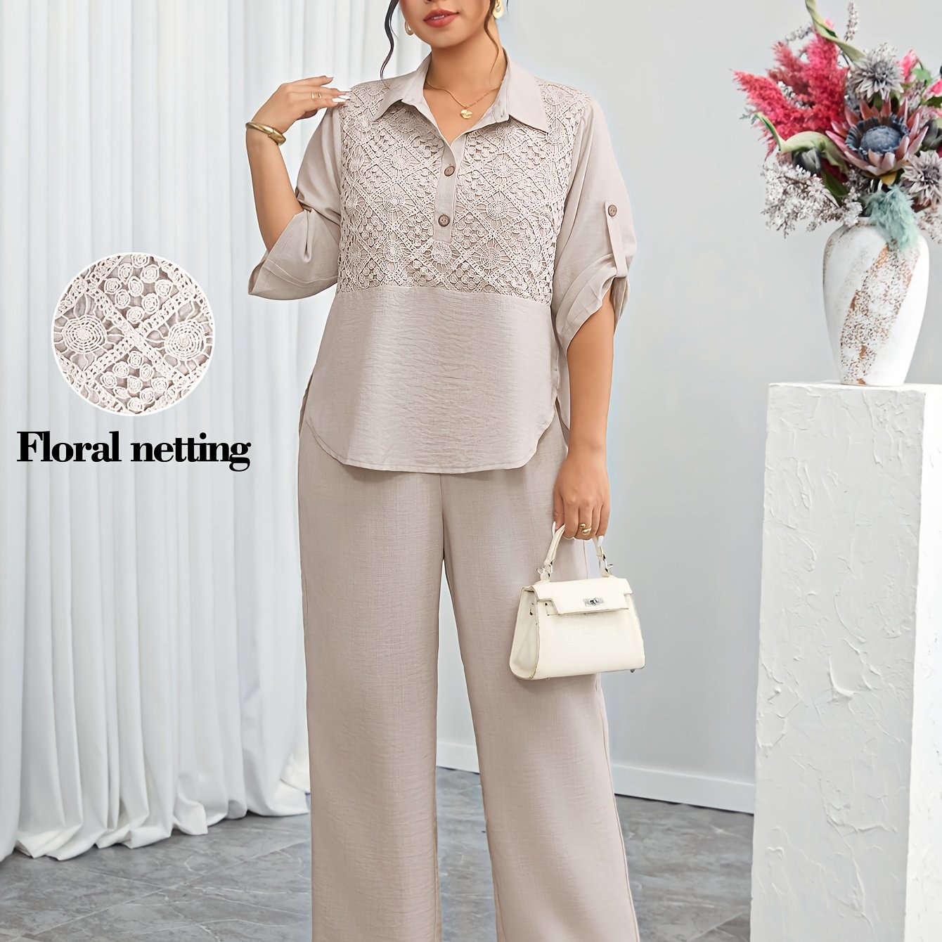 TEMU Plus Size, Plus-size Lapel Half-opening With Wooden Button Decoration, Adjustable Rolled Sleeves, With Cut-out Lace Trim, Side Slit, And