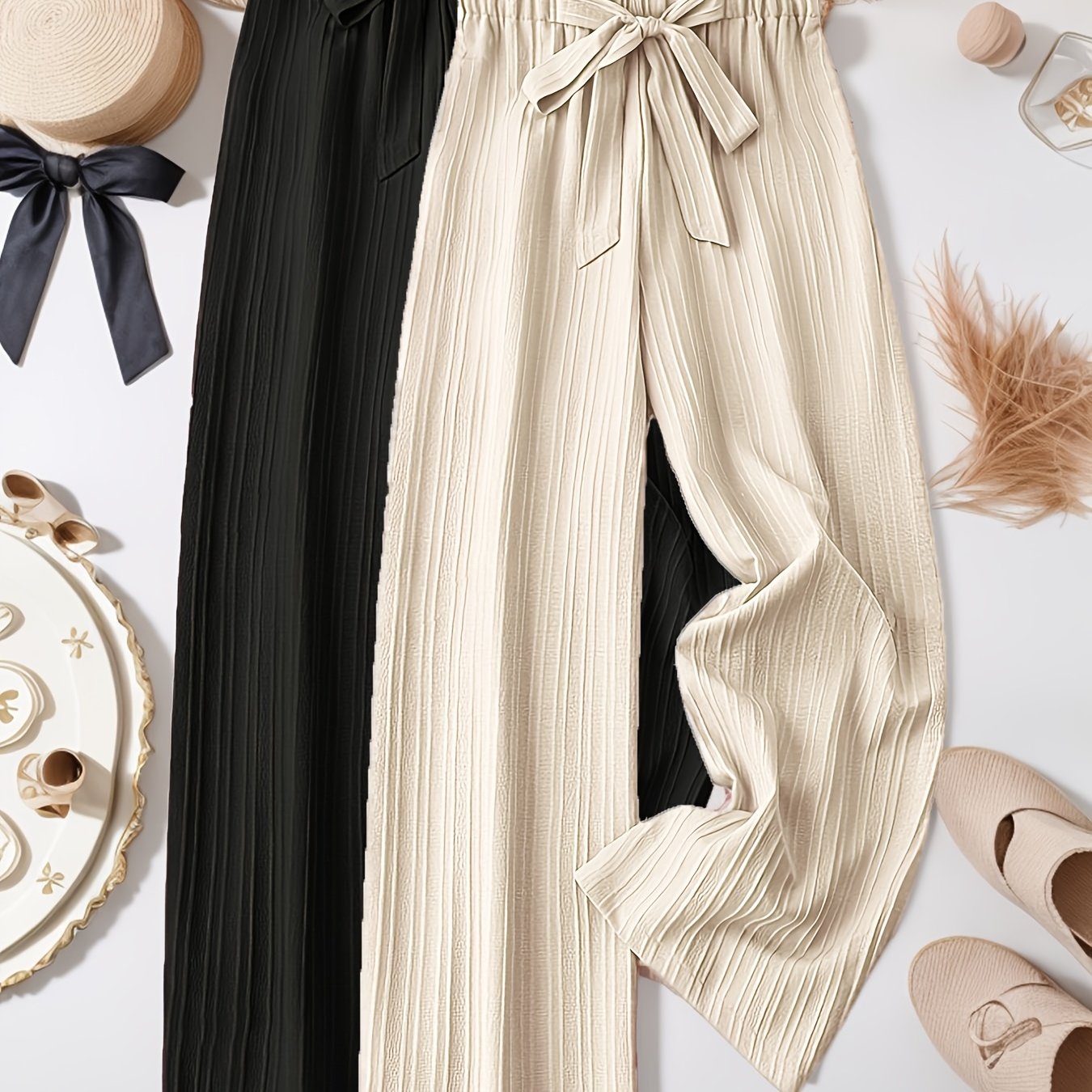 Women's Loose Pleated Textured Long Pants 2pcs Set