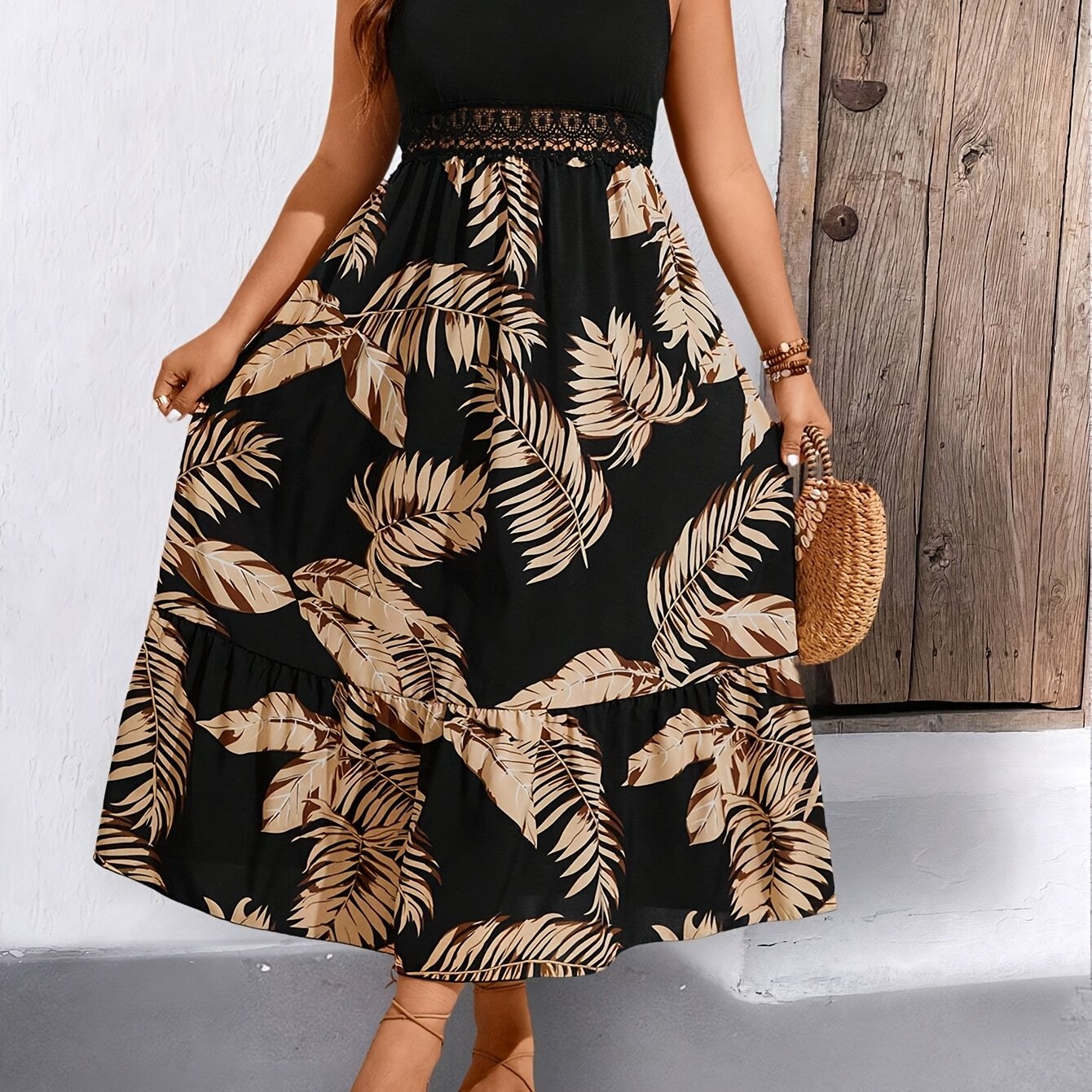 E-shop Damenkleid in Übergröße, ., mit tropischem Aufdruck, Spitzen-Patchwork Rundhalsausschnitt, für den Sommerurlaub
