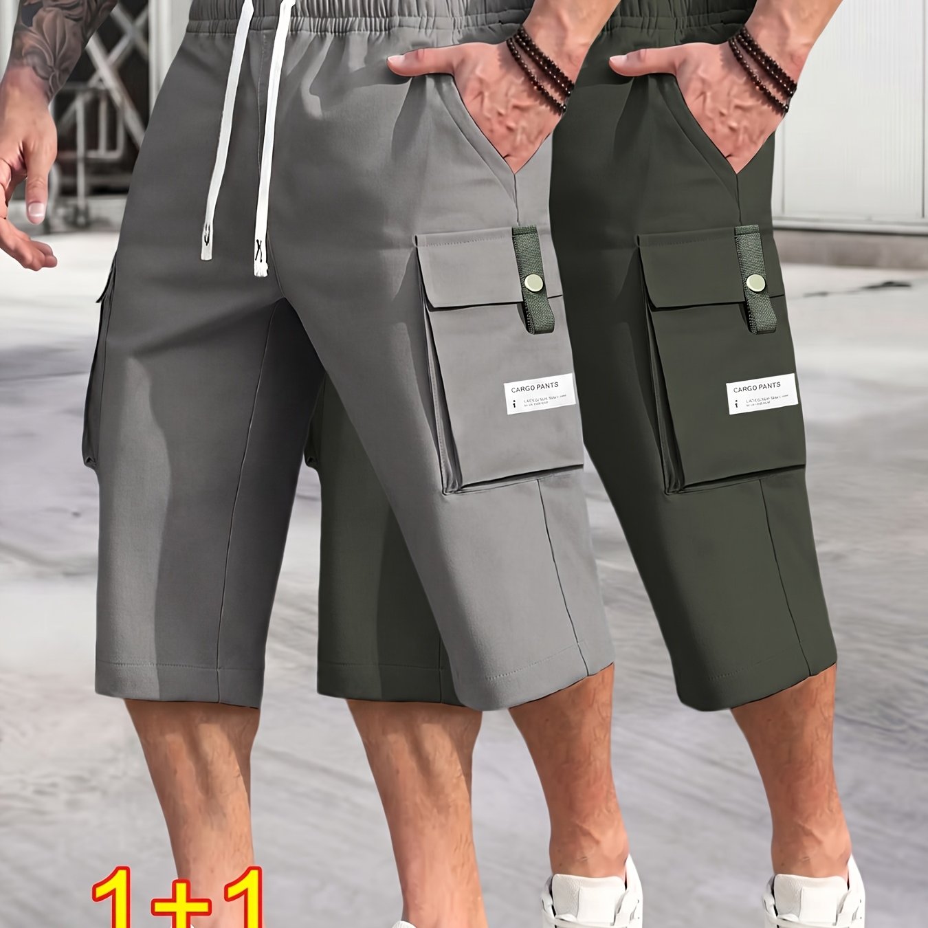 TEMU 2pcs Set Of Men's Cargo Cropped Shorts With Multiple Pockets, Adjustable Waistband, Suitable For Outdoor Travel, Sports, And Casual Wear