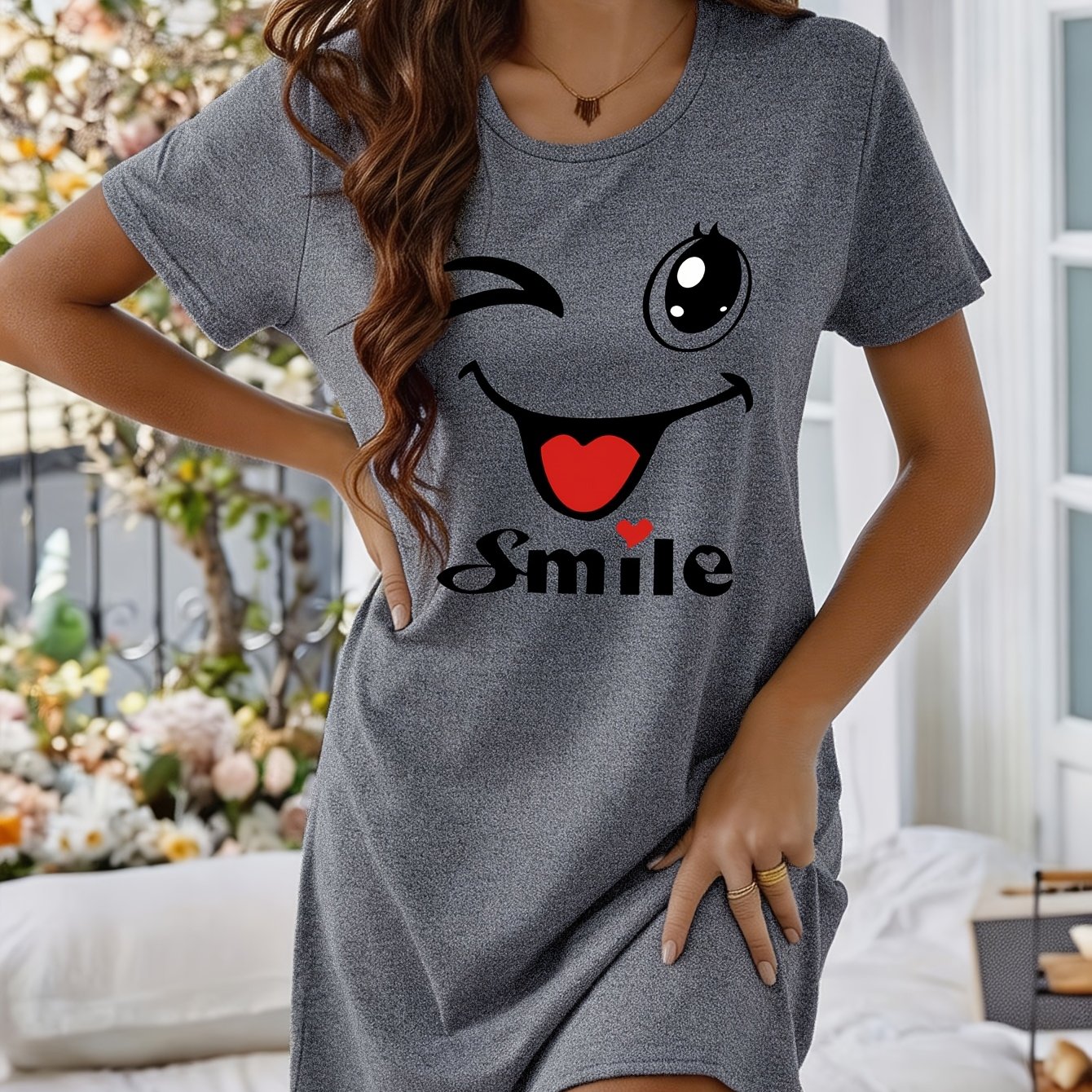 Image of Cartoon Cute Letter Print Pattern Easy Casual Short Sleeve Nightgown Women's Fashion Pajamas