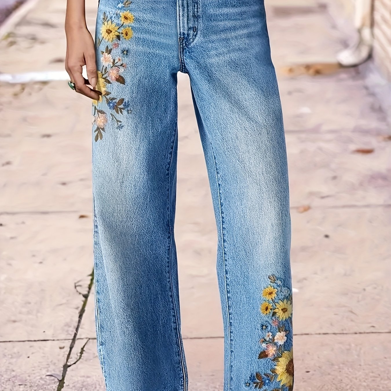 TEMU Women's High-waisted Washed Embroidered Jeans - Straight Leg Pants With Beltless Design, Stretch & Machine Washable For Wear (casual & Dressy)