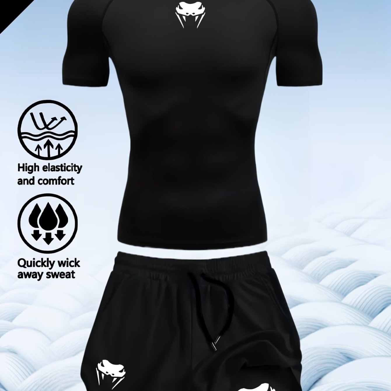 TEMU Men's 2pcs Sport T-shirt And Shorts Set, Printed Design, Breathable Quick-dry Polyester Knit Fabric, Crew Neck Short Sleeves, Slim Fit, With