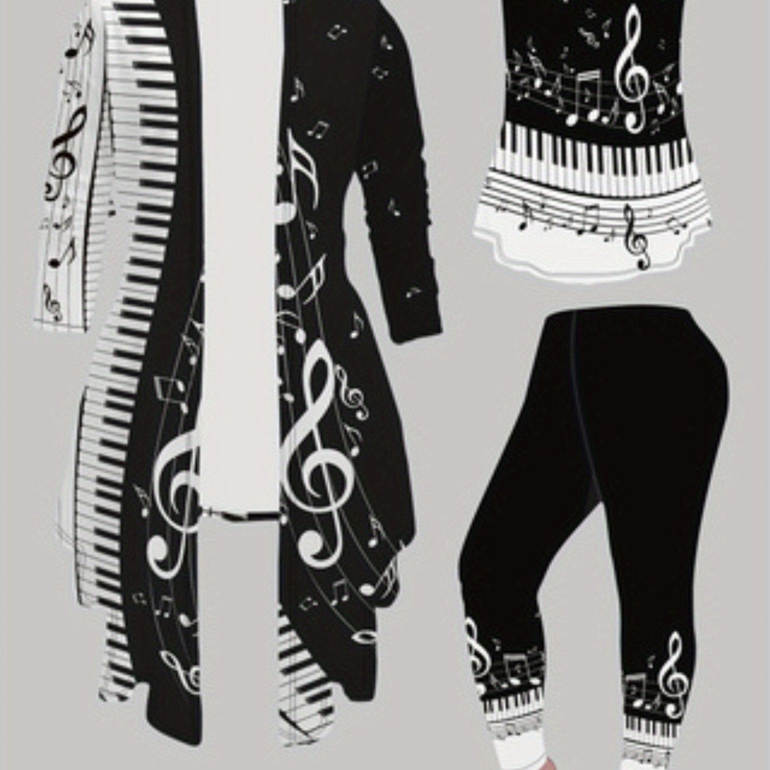 Plus Size - Directional Printing Black And White Piano Note Pattern Printing Slim Fit Casual Size Women's Coat Vest Pants 3 Piece Set