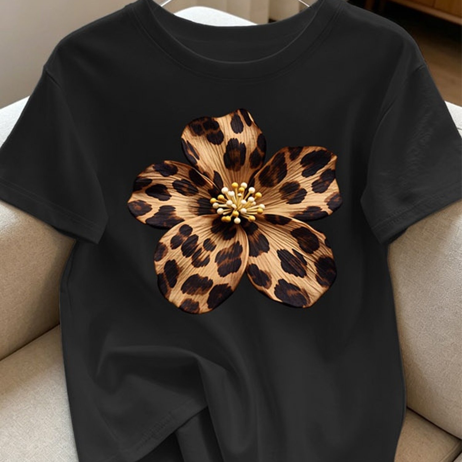 TEMU Women's Large Leopard-print Flower Graphic Crew Neck T-shirt, Casual Black Polyester Top In Multiple Specifications , Relaxed Daily Wear Ideal