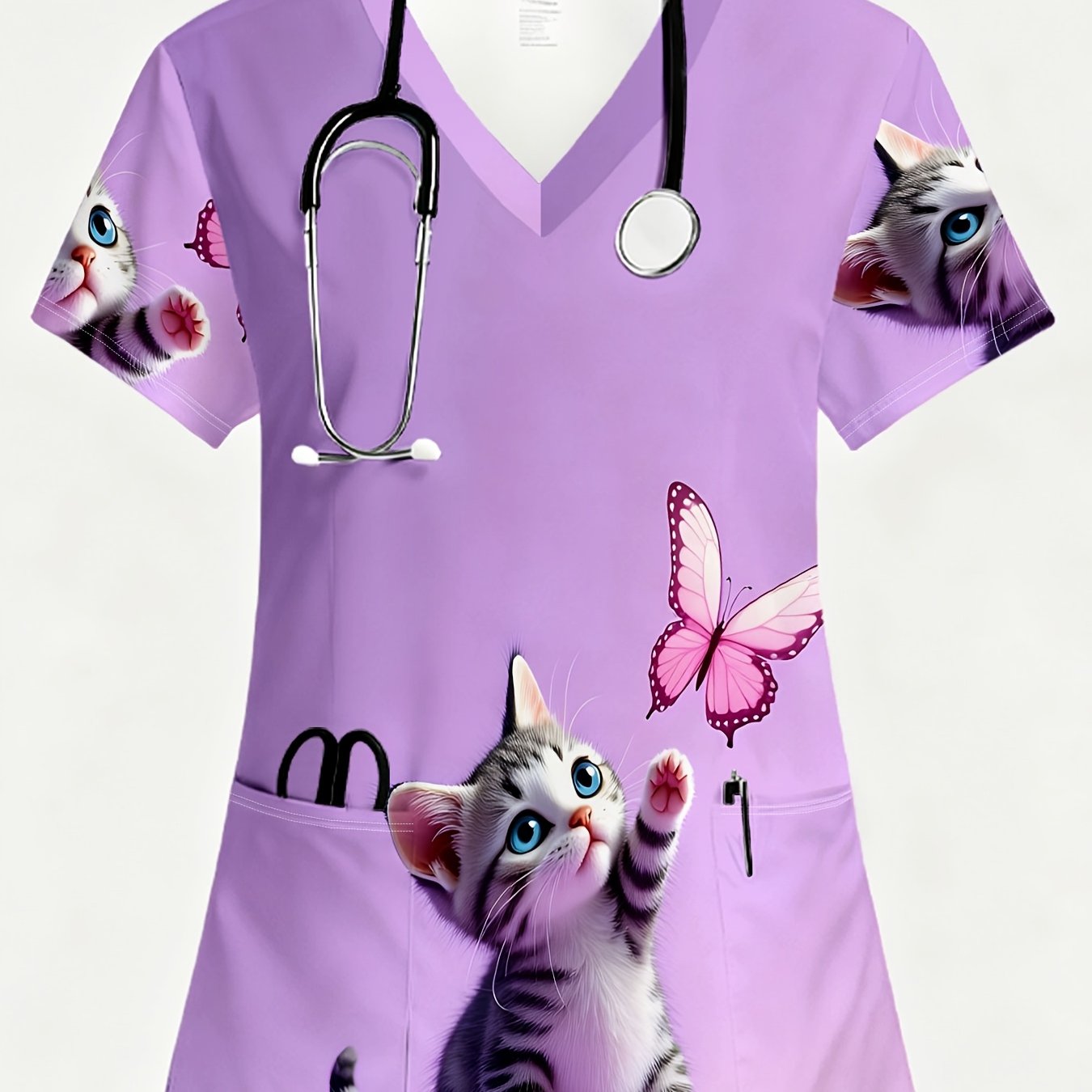 TEMU Ladies' Fashionable V-neck Uniform With Cute Prints, 2 Pockets, Suitable For , Purple- Dancing With Butterflies, Soft And Non-irritating Fabric,