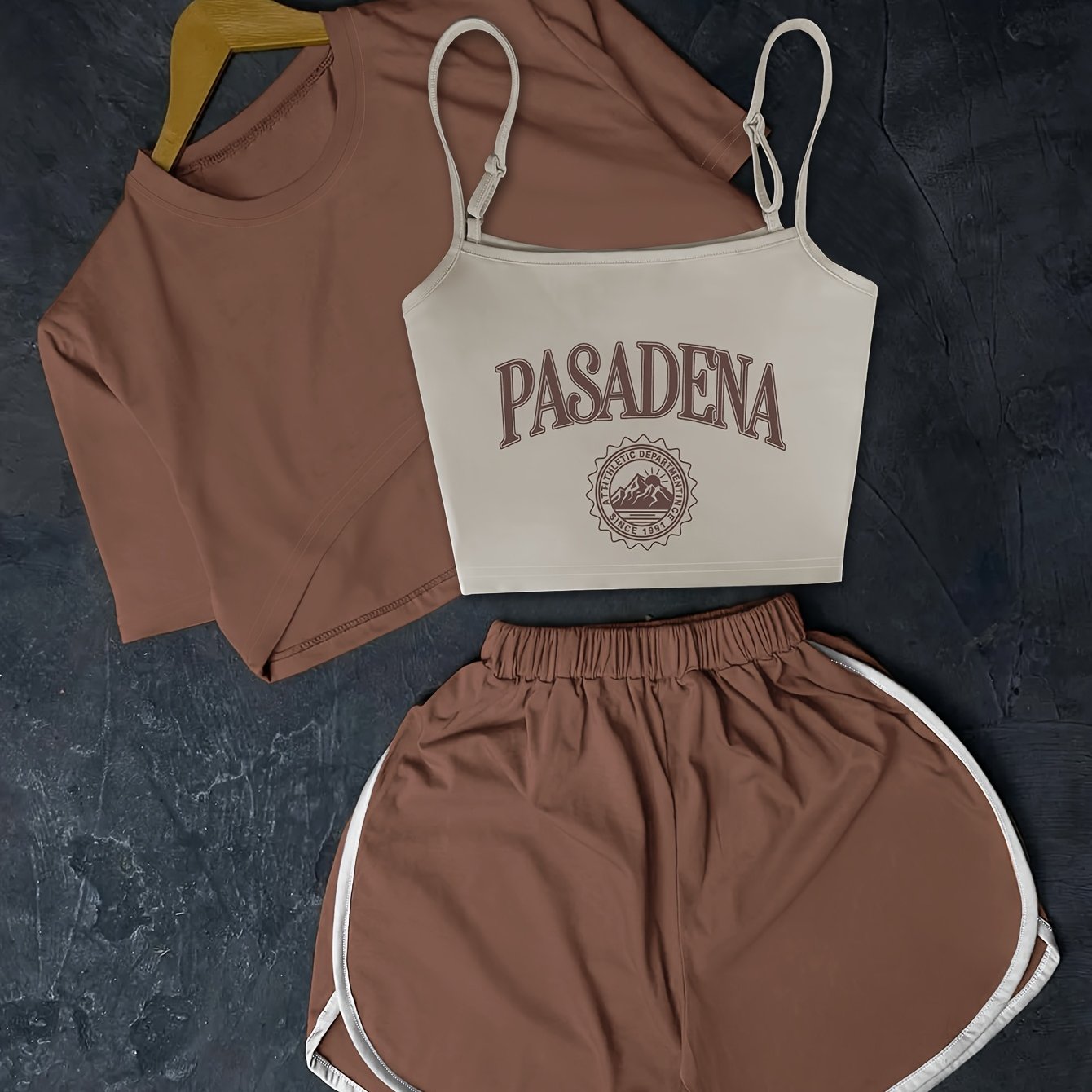 TEMU Women's 3pcs Casual Daily Wear Set: Round Neck Short Sleeve T-shirt, Letter Print Crop Tank Top, And Elastic Waist Color-block Shorts Pb-1380