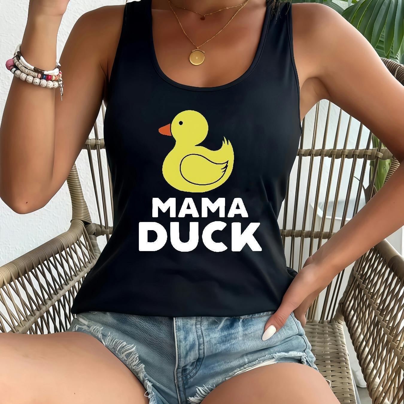 TEMU Women's "mama Duck" Graphic Tank Top - Black Sleeveless, Stretchy, Casual Summer Top With Yellow , Everyday Wear And Gifts, Everyday Top | Print