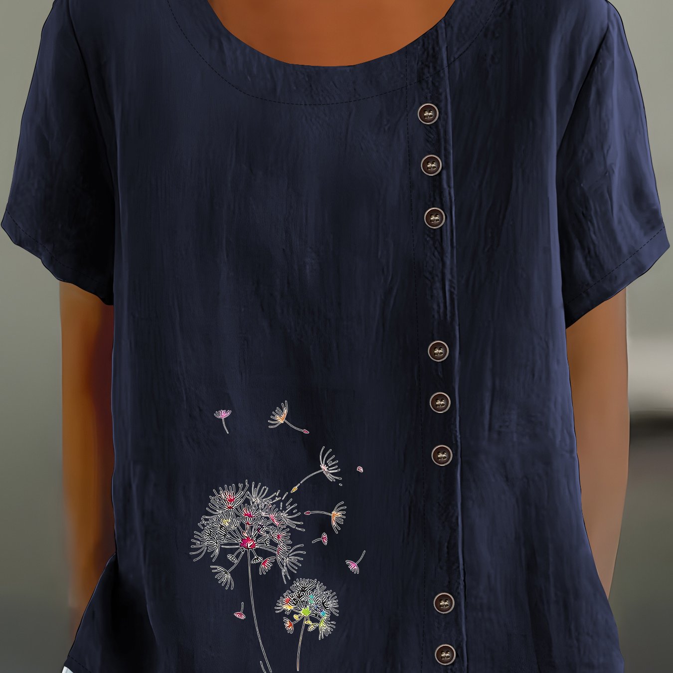 TEMU Chemise à manches courtes pour femmes, col rond, motif floral bohème créatif à lettres , en Europe et en Amérique, haut à manches courtes à col